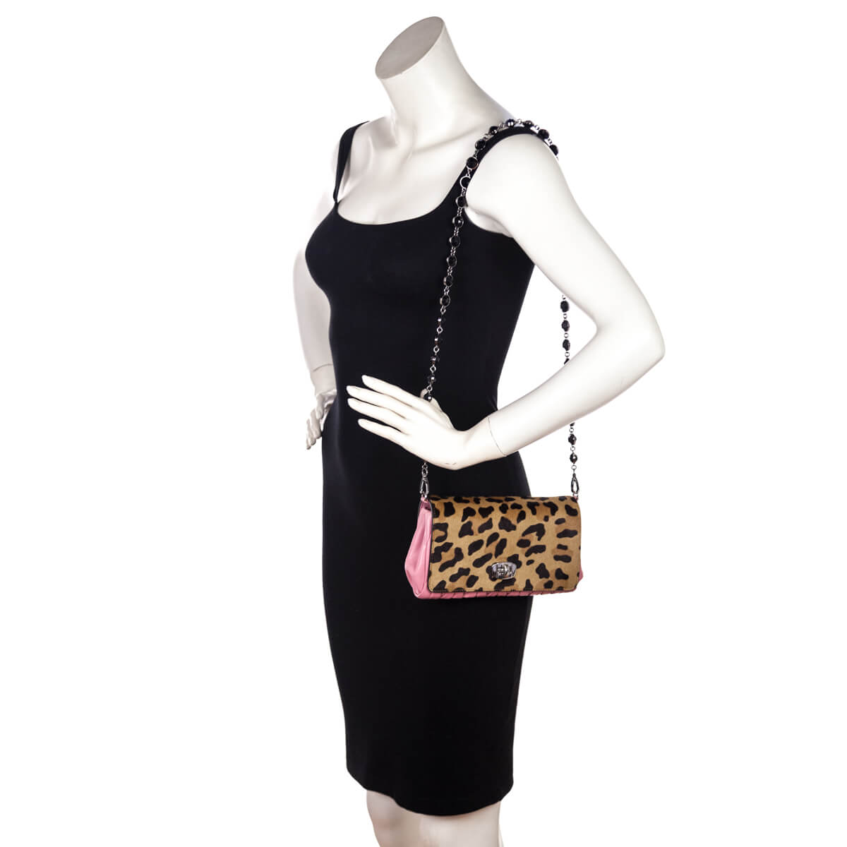 Miu Miu Leopard Calf Hair & Rosa Miele Nappa Matelasse Crystal Chain Shoulder Bag - Love that Bag etc - Preowned Authentic Designer Handbags & Preloved Fashions