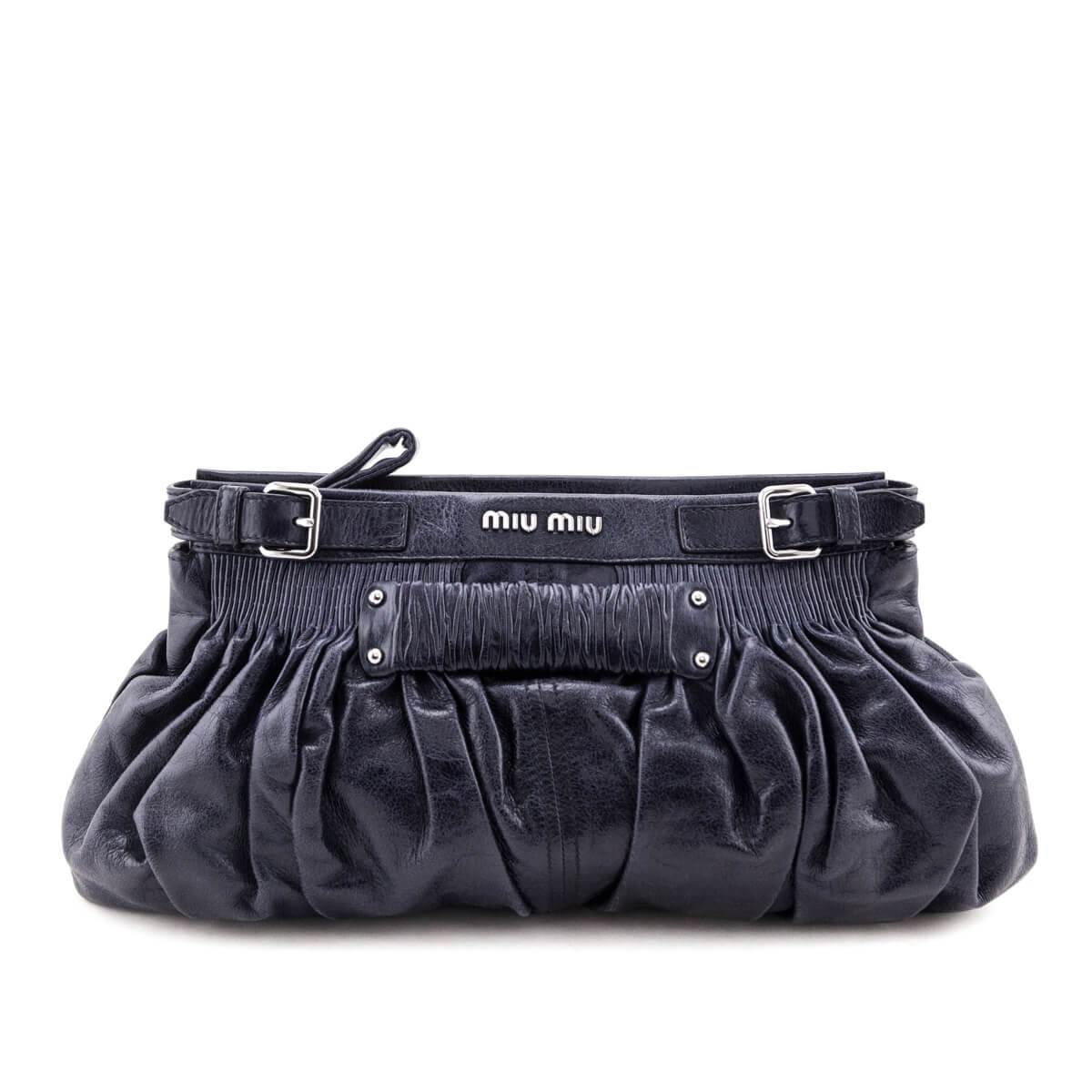 Miu Miu Navy Vitello Shine Pattina Ruched Clutch - Love that Bag etc - Preowned Authentic Designer Handbags & Preloved Fashions