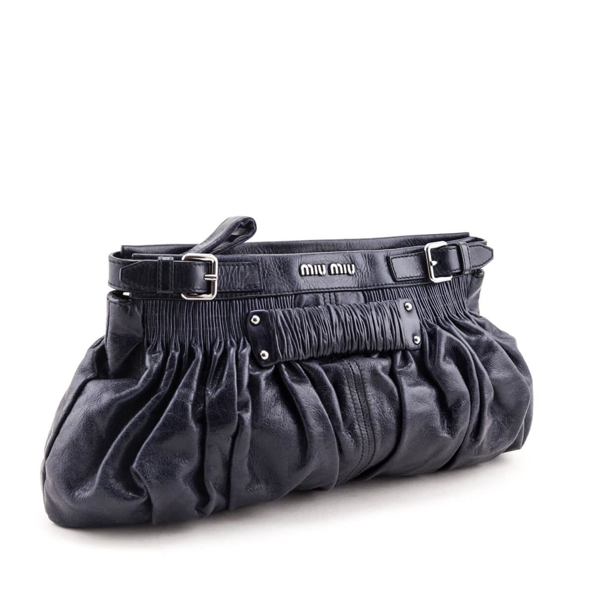 Miu Miu Navy Vitello Shine Pattina Ruched Clutch - Love that Bag etc - Preowned Authentic Designer Handbags & Preloved Fashions