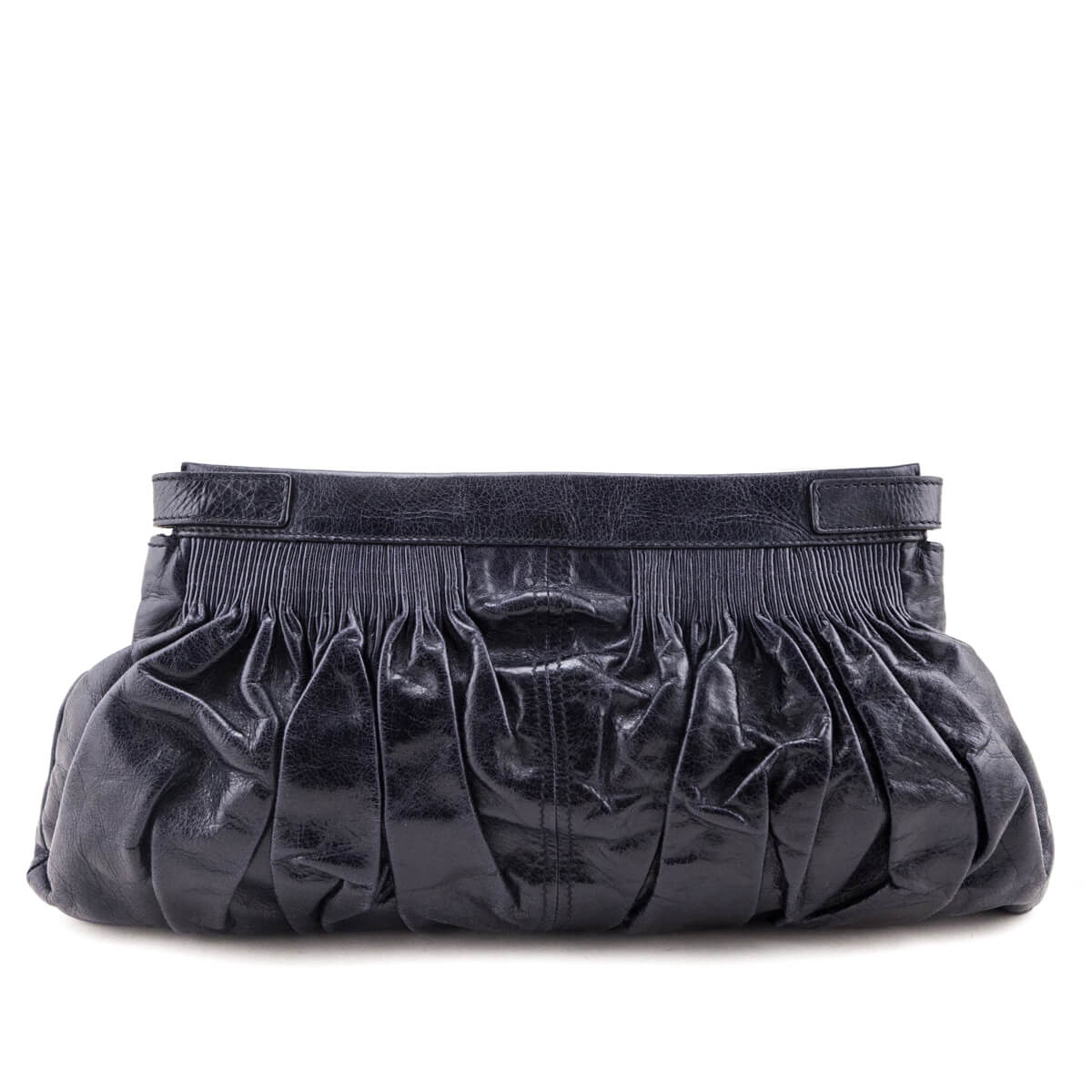 Miu Miu Navy Vitello Shine Pattina Ruched Clutch - Love that Bag etc - Preowned Authentic Designer Handbags & Preloved Fashions