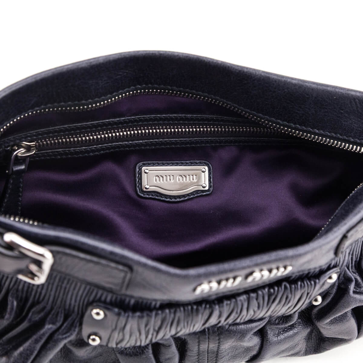 Miu Miu Navy Vitello Shine Pattina Ruched Clutch - Love that Bag etc - Preowned Authentic Designer Handbags & Preloved Fashions