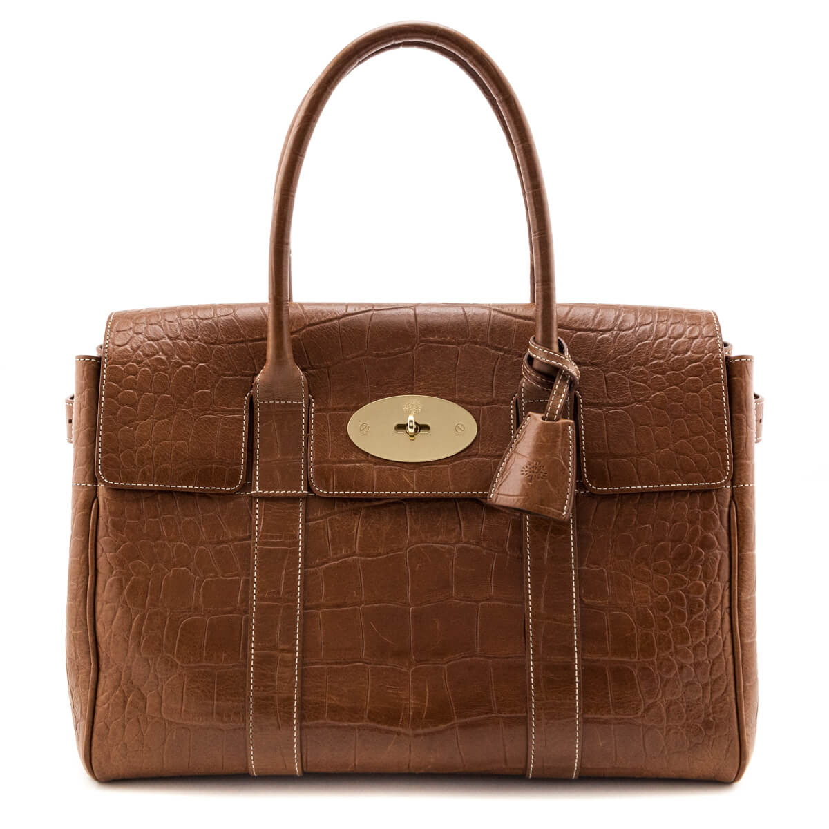 Mulberry Cognac Crocodile-Embossed Calfskin Icon Bayswater Flap Tote - Love that Bag etc - Preowned Authentic Designer Handbags & Preloved Fashions