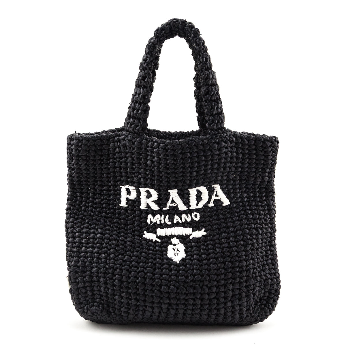 Prada Black Yarn Raffia Effect Crochet Small Logo Tote - Love that Bag etc - Preowned Authentic Designer Handbags & Preloved Fashions