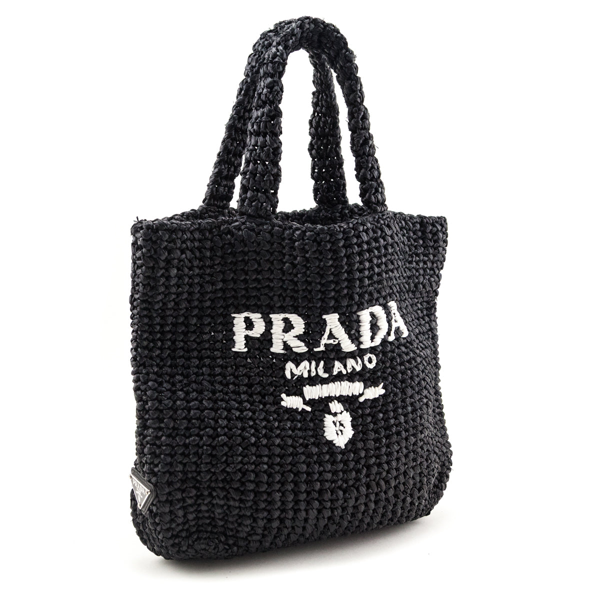 Prada Black Yarn Raffia Effect Crochet Small Logo Tote - Love that Bag etc - Preowned Authentic Designer Handbags & Preloved Fashions