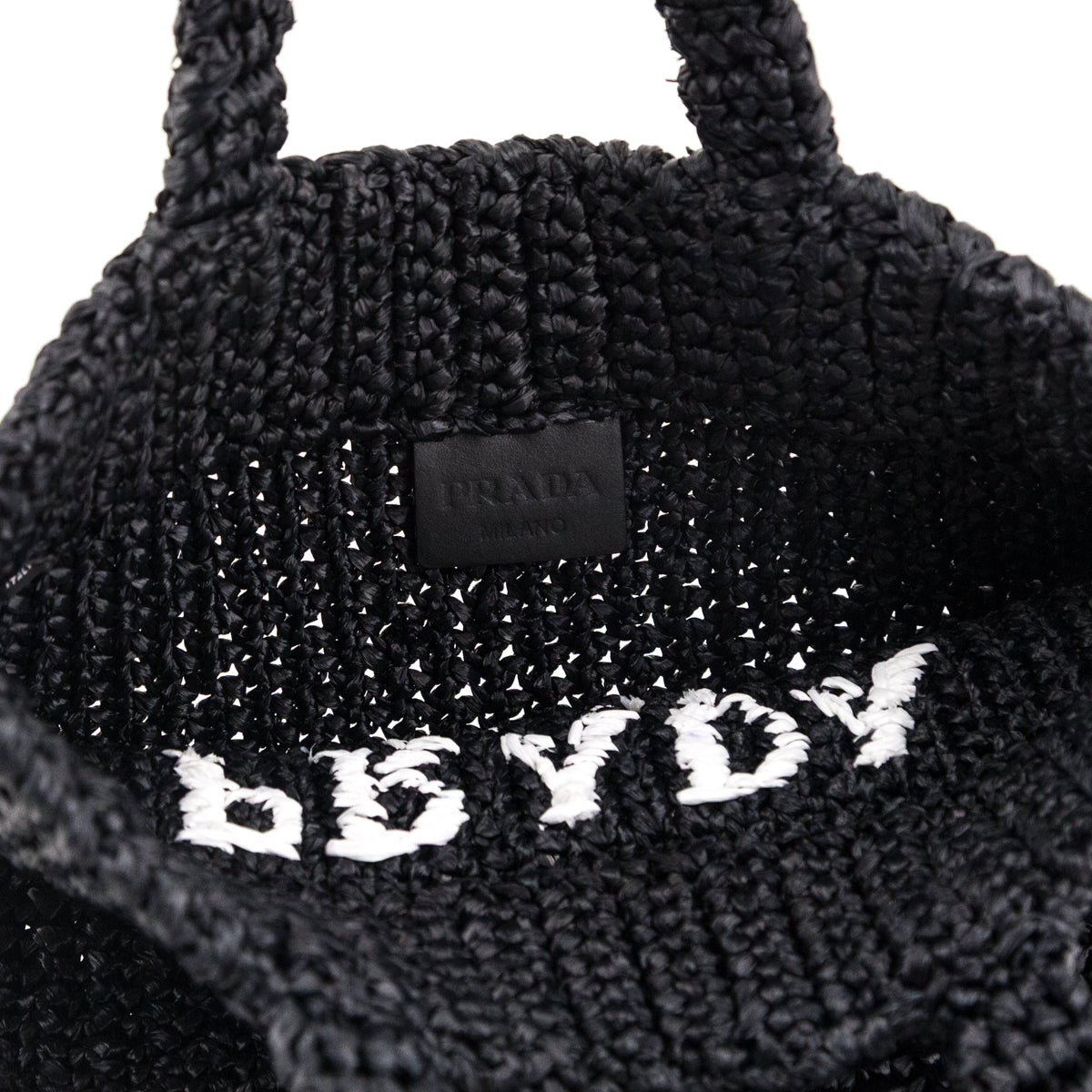 Prada Black Yarn Raffia Effect Crochet Small Logo Tote - Love that Bag etc - Preowned Authentic Designer Handbags & Preloved Fashions