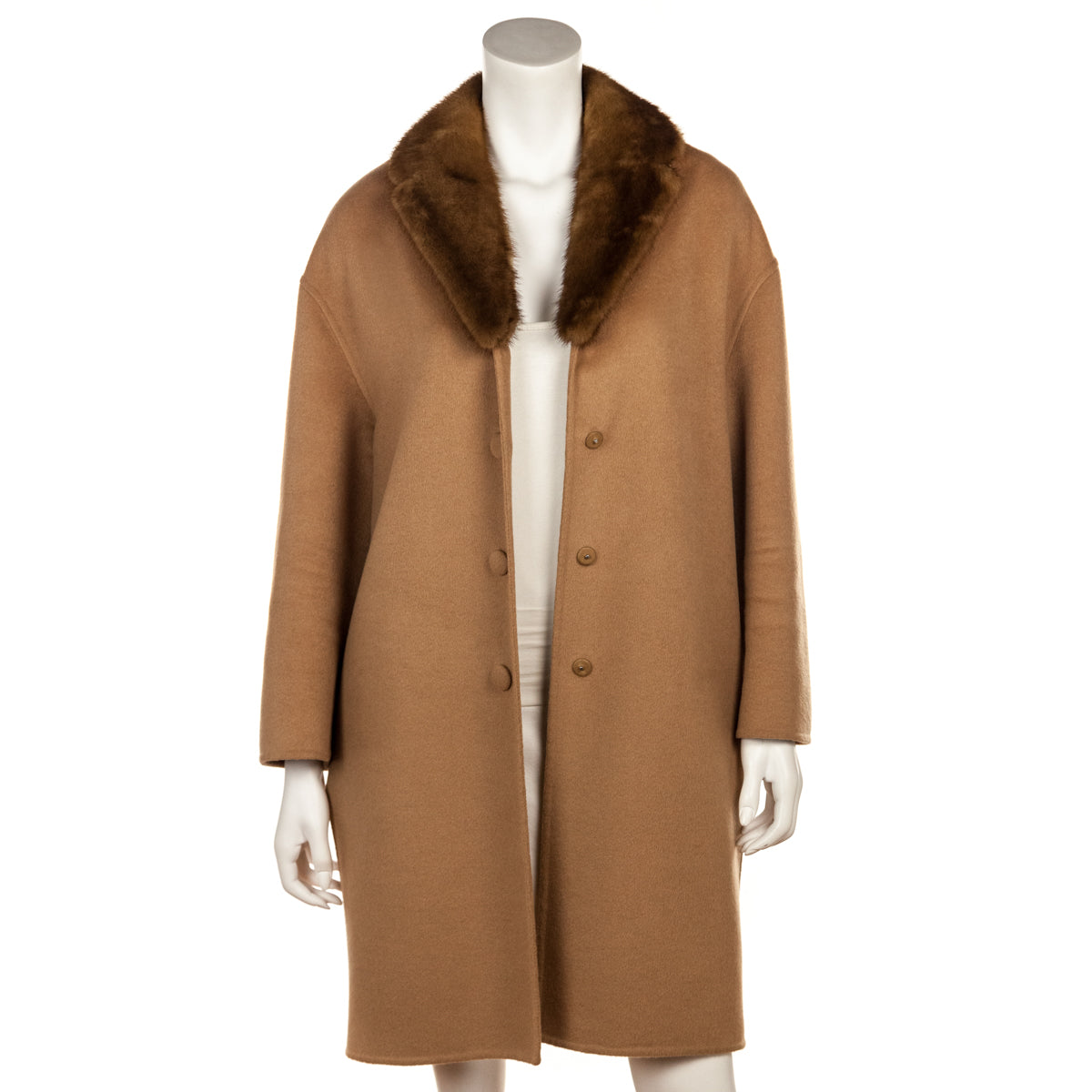 Prada Camel Wool Coat With Mink Collar Size US 8 | IT 44 - Love that Bag etc - Preowned Authentic Designer Handbags & Preloved Fashions