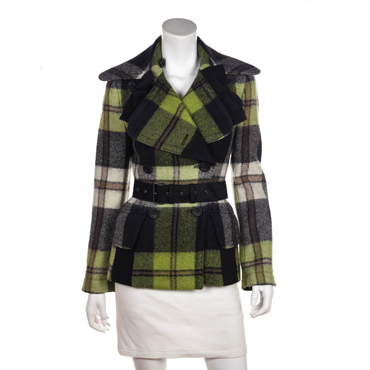 Prada Gray & Green Plaid Wool Belted Jacket Size XS | IT 38 - Love that Bag etc - Preowned Authentic Designer Handbags & Preloved Fashions