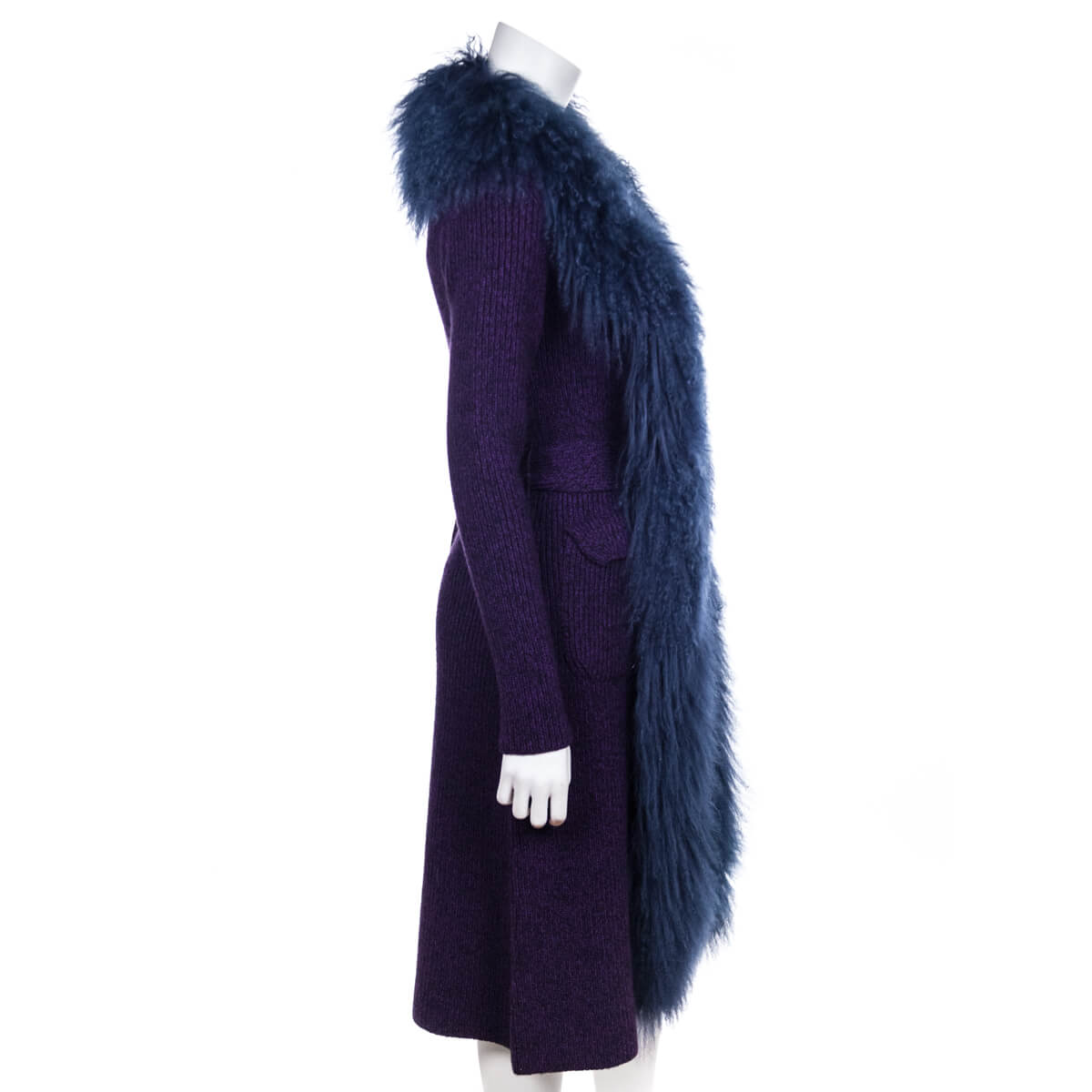 Prada Purple Knit Mongolian Lamb Embellished Belted Cardigan