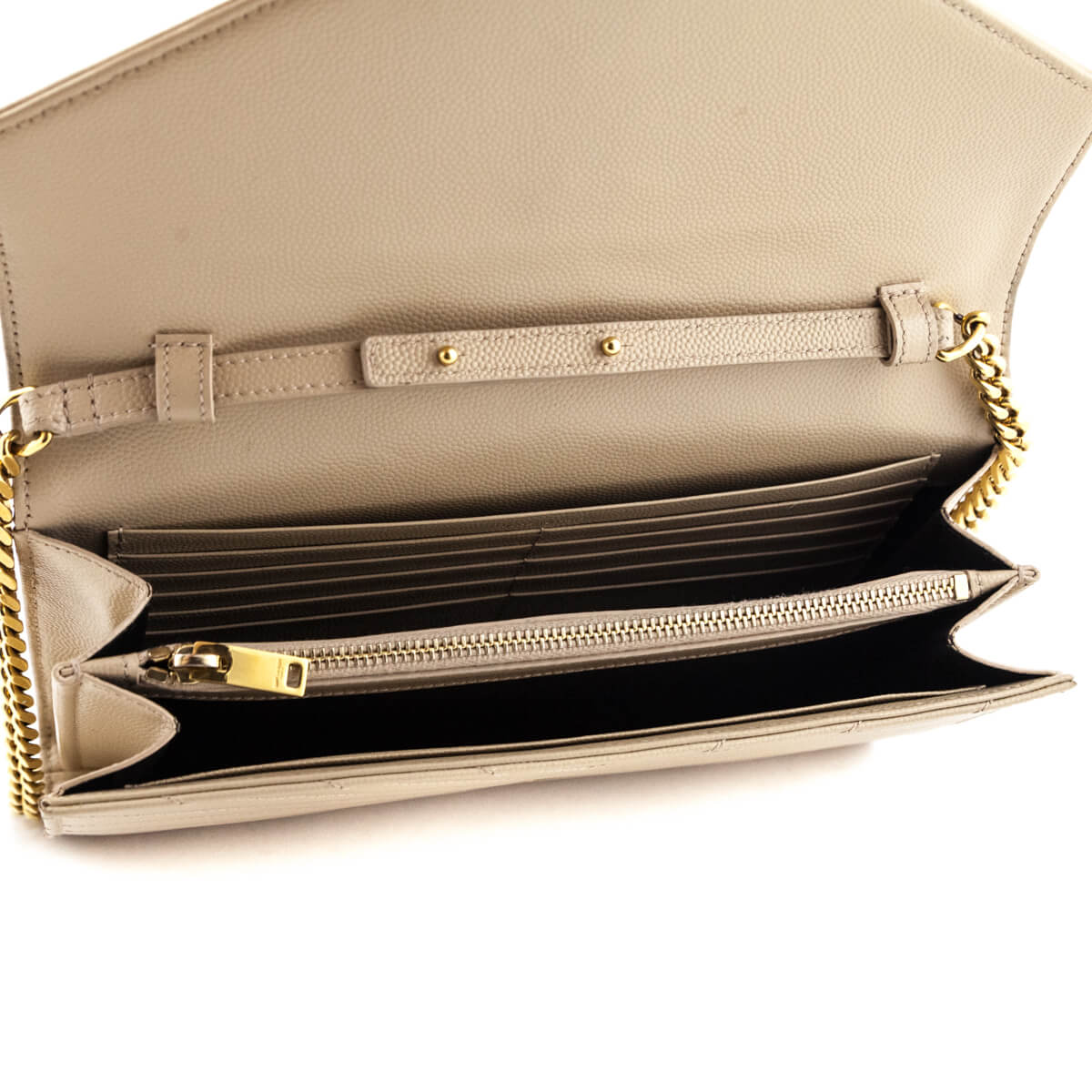 Saint Laurent Beige Grain De Poudre Matelasse Chevron Monogram Chain Wallet - Love that Bag etc - Preowned Authentic Designer Handbags & Preloved Fashions