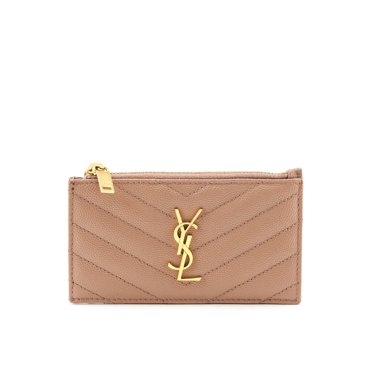 Saint Laurent Beige Grain De Poudre Matelasse Chevron Monogram Fragments Zippered Card Case - Love that Bag etc - Preowned Authentic Designer Handbags & Preloved Fashions