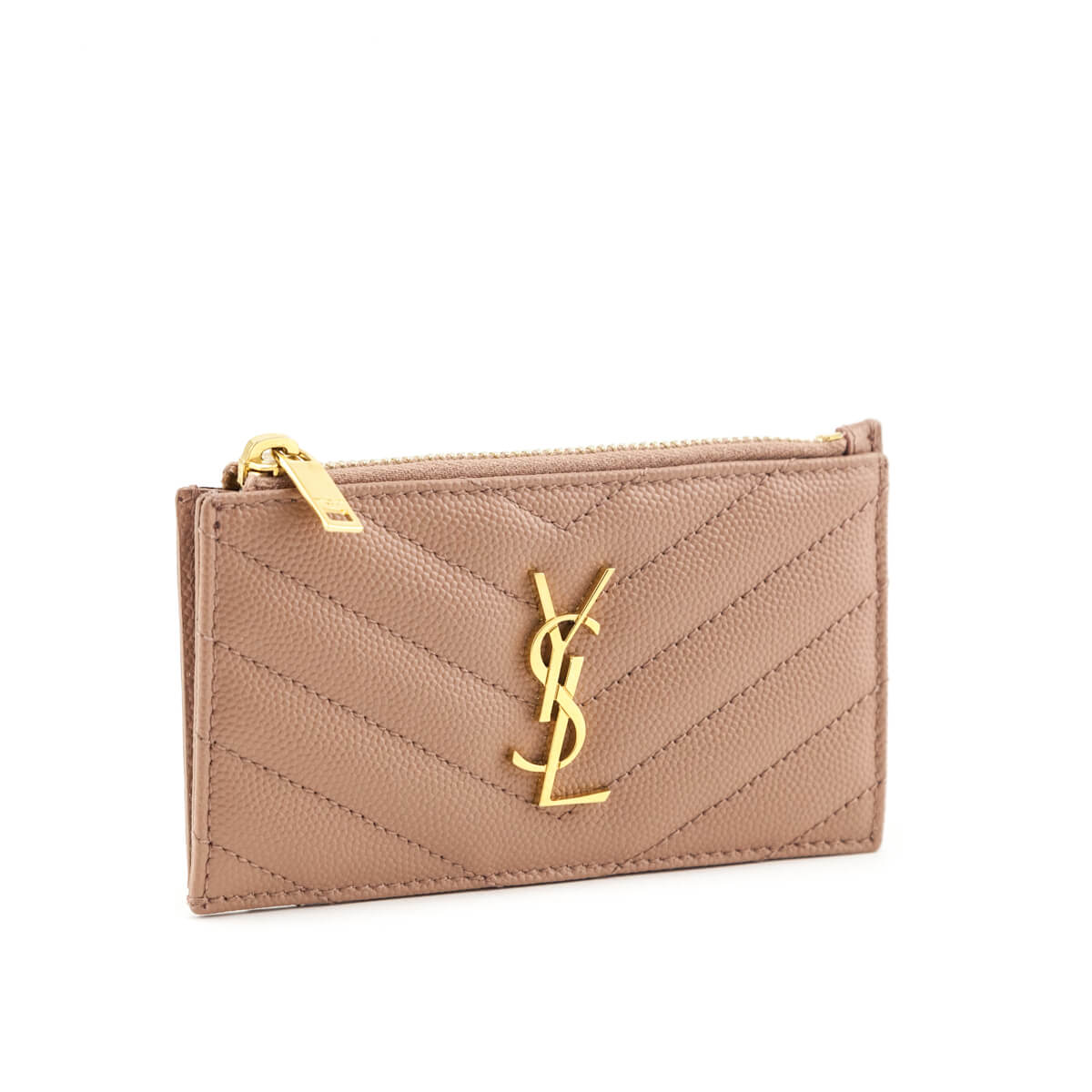 Saint Laurent Beige Grain De Poudre Matelasse Chevron Monogram Fragments Zippered Card Case - Love that Bag etc - Preowned Authentic Designer Handbags & Preloved Fashions