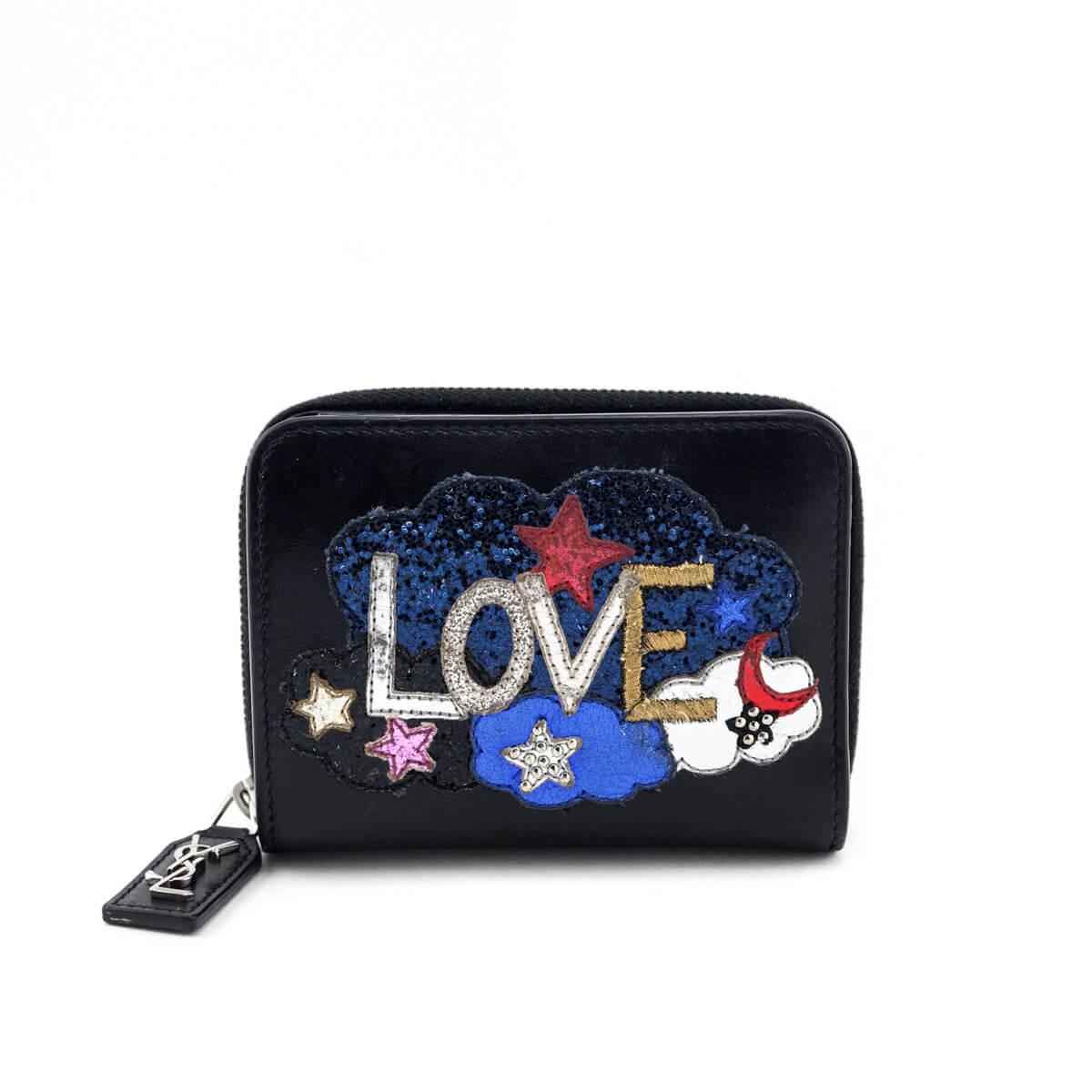 Saint Laurent Black Calfskin Love Patch Zipped Compact Wallet - Love that Bag etc - Preowned Authentic Designer Handbags & Preloved Fashions