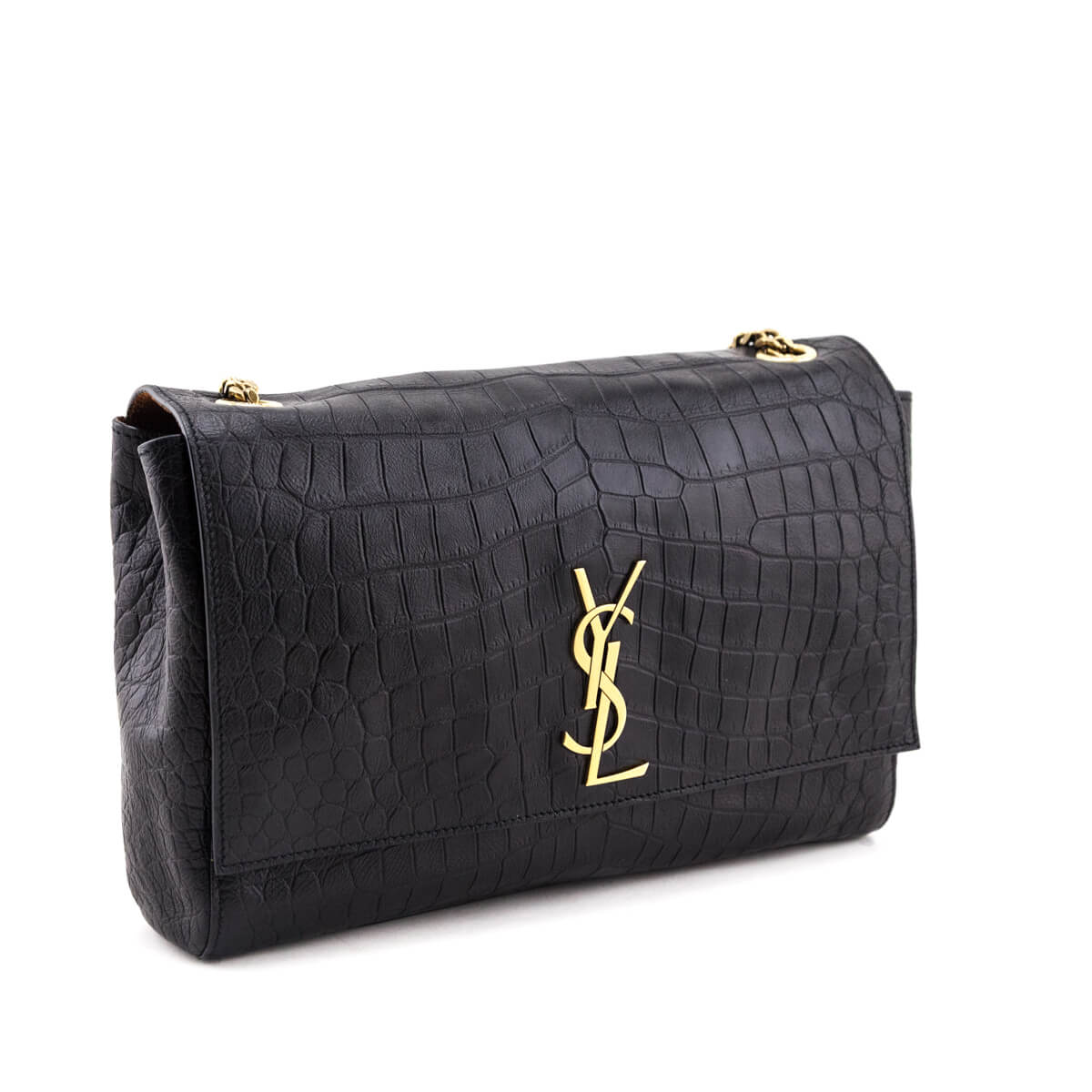 Saint Laurent Black Croc Embossed Chesnut Suede Medium Kate Reversible Shoulder Bag