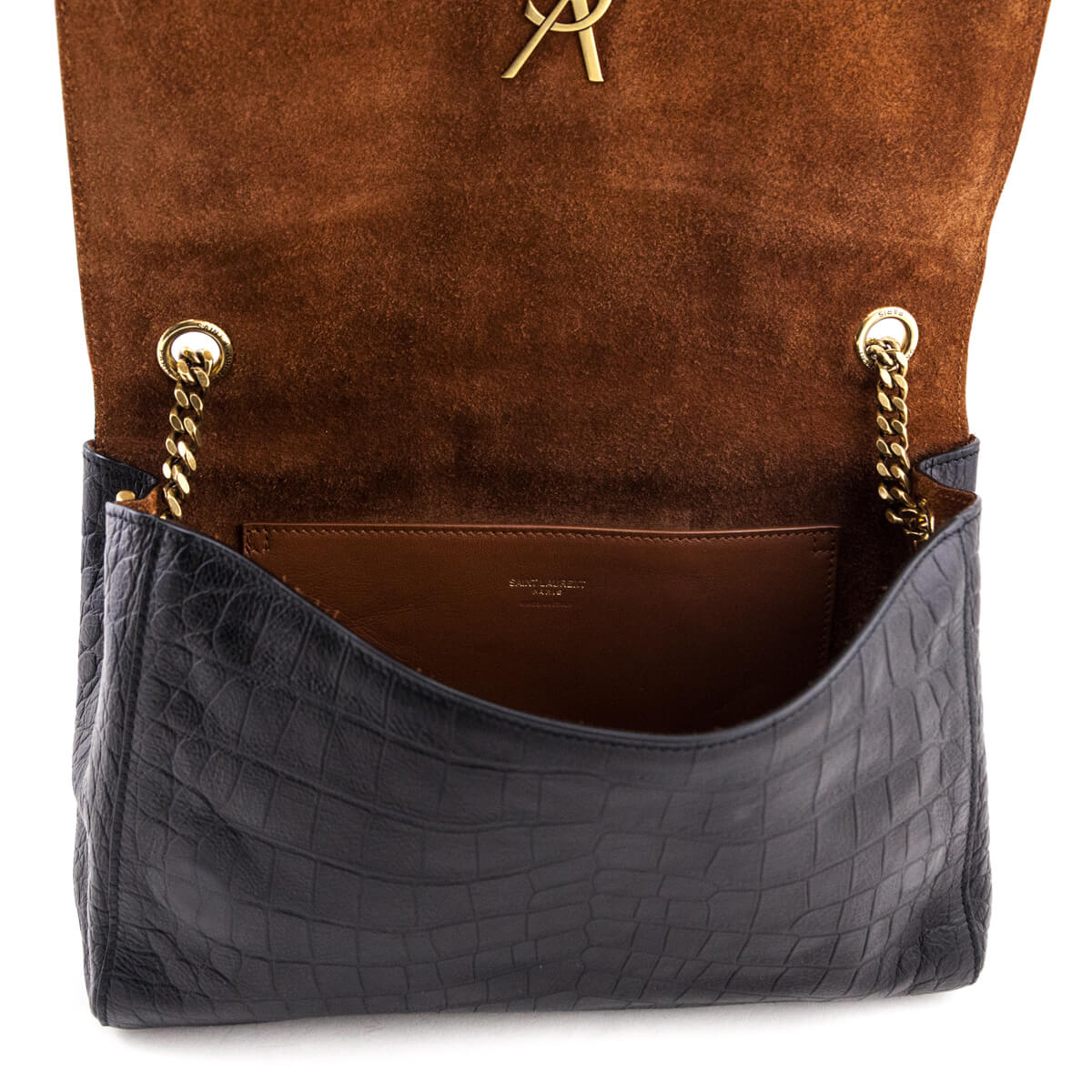Saint Laurent Black Croc Embossed Chesnut Suede Medium Kate Reversible Shoulder Bag