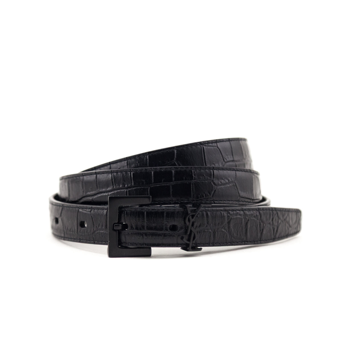 Saint Laurent Black Croc Embossed Skinny Monogram Belt