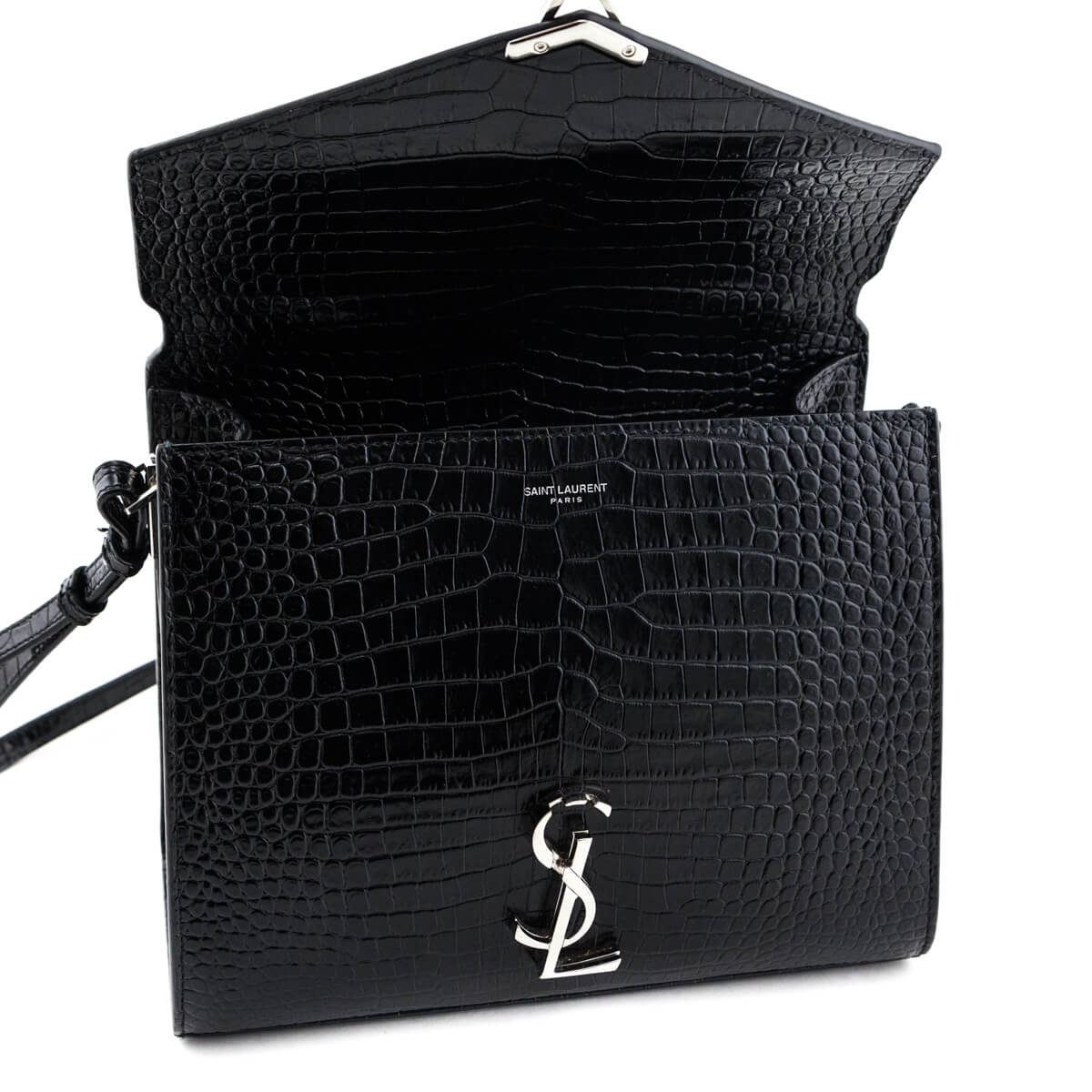 Saint Laurent Black Crocodile Embossed Calfskin Medium Classic Monogram Cassandra Top Handle - Love that Bag etc - Preowned Authentic Designer Handbags & Preloved Fashions