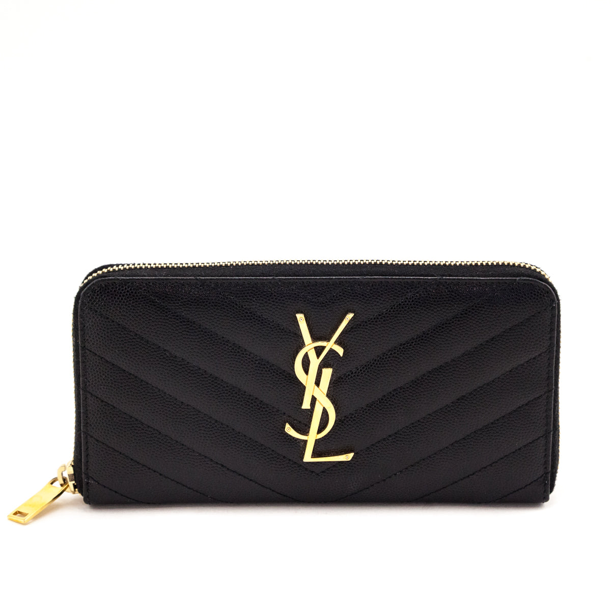 Saint Laurent Black Grain De Poudre Cassandre Zip Around Wallet - Love that Bag etc - Preowned Authentic Designer Handbags & Preloved Fashions