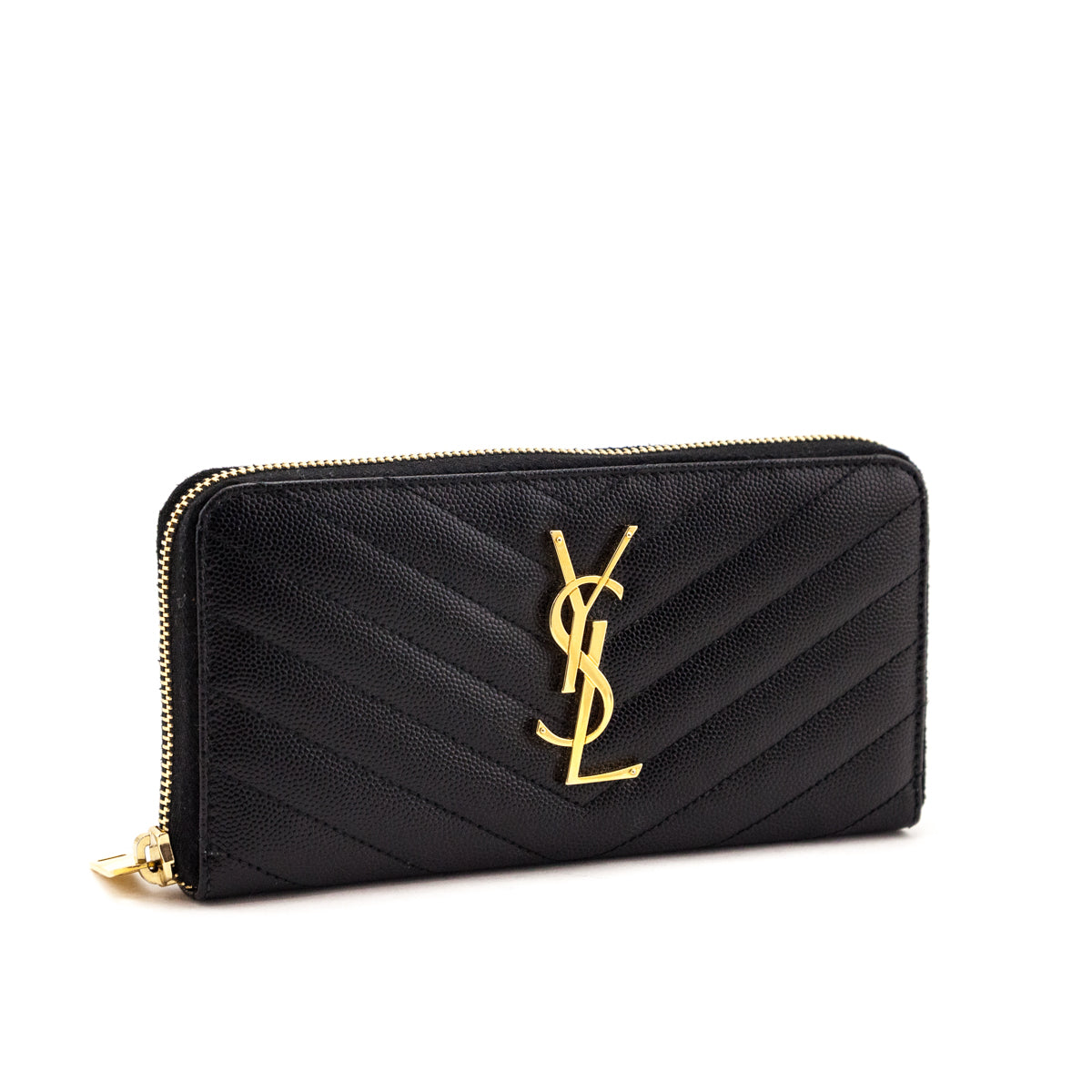 Saint Laurent Black Grain De Poudre Cassandre Zip Around Wallet - Love that Bag etc - Preowned Authentic Designer Handbags & Preloved Fashions