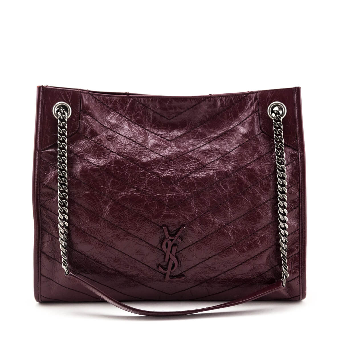 Saint Laurent Burgundy Crinkled Calfskin Matelasse Monogram Medium Niki Shopper Tote