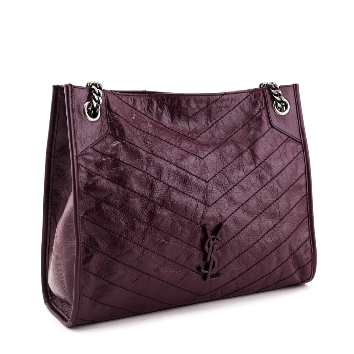 Saint Laurent Burgundy Crinkled Calfskin Matelasse Monogram Medium Niki Shopper Tote