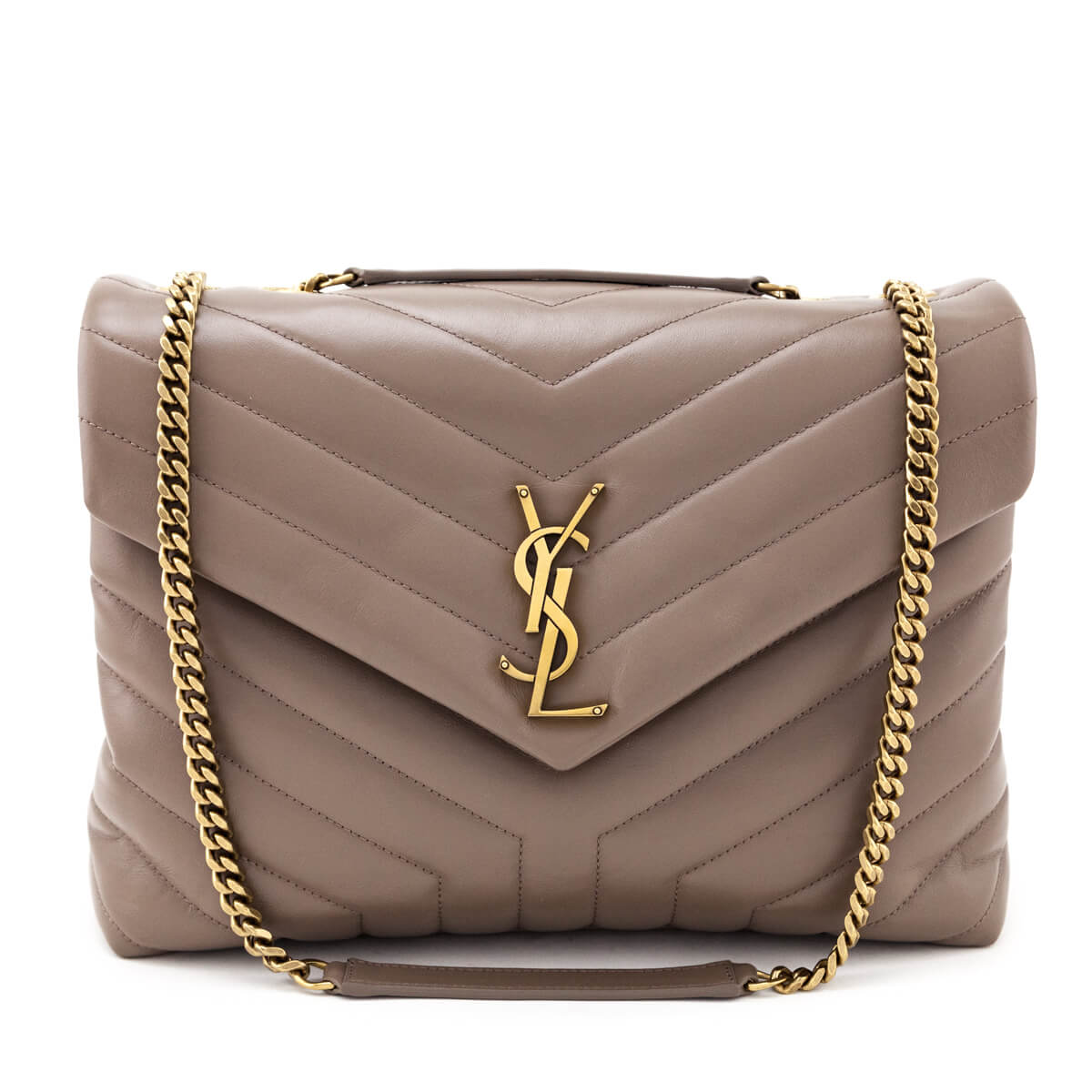 Saint Laurent Dark Beige Calfskin Y Quilted Monogram Medium Loulou Chain Satchel - Love that Bag etc - Preowned Authentic Designer Handbags & Preloved Fashions