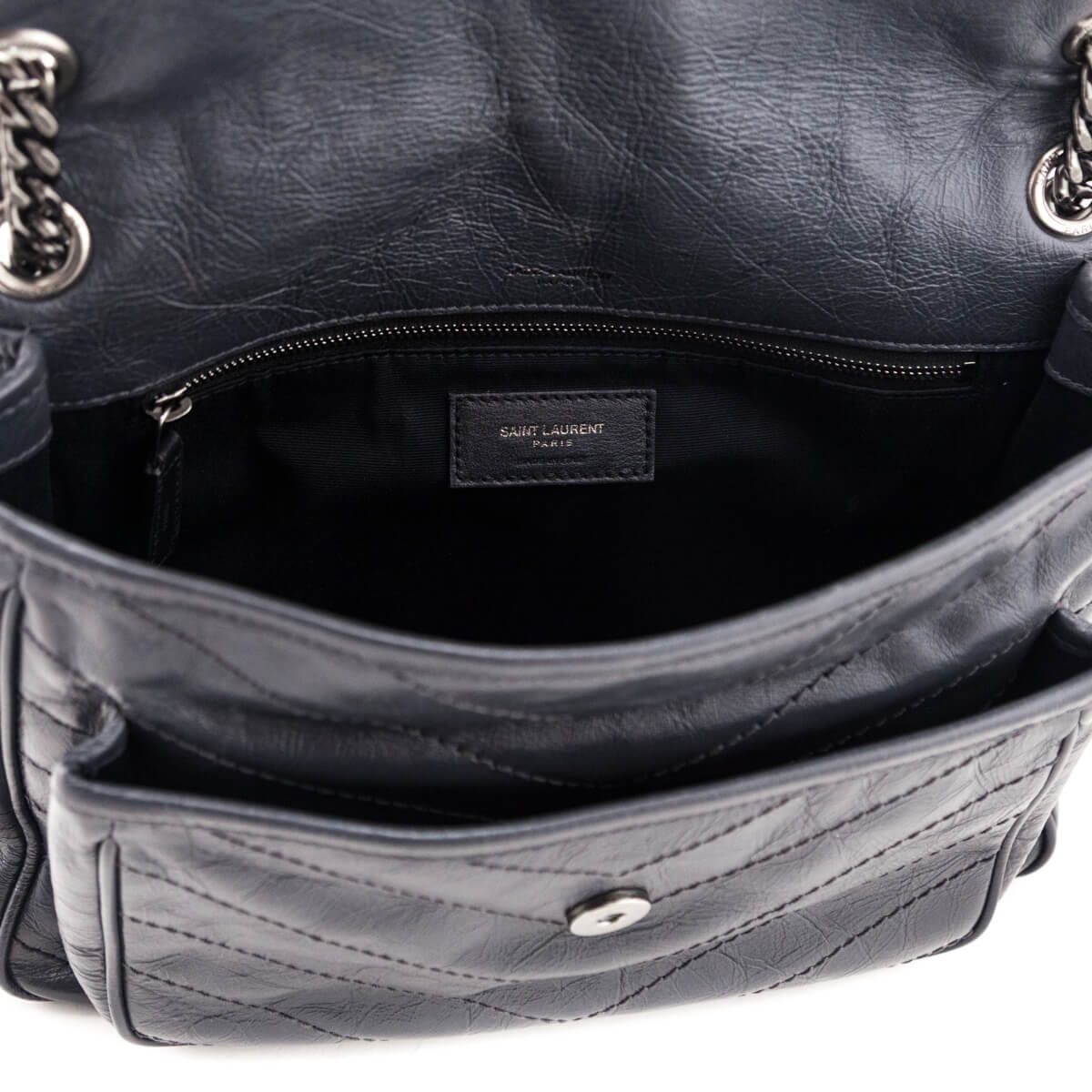 Saint Laurent Fog Crinkled Calfskin Matelasse Monogram Medium Niki Chain Satchel - Love that Bag etc - Preowned Authentic Designer Handbags & Preloved Fashions