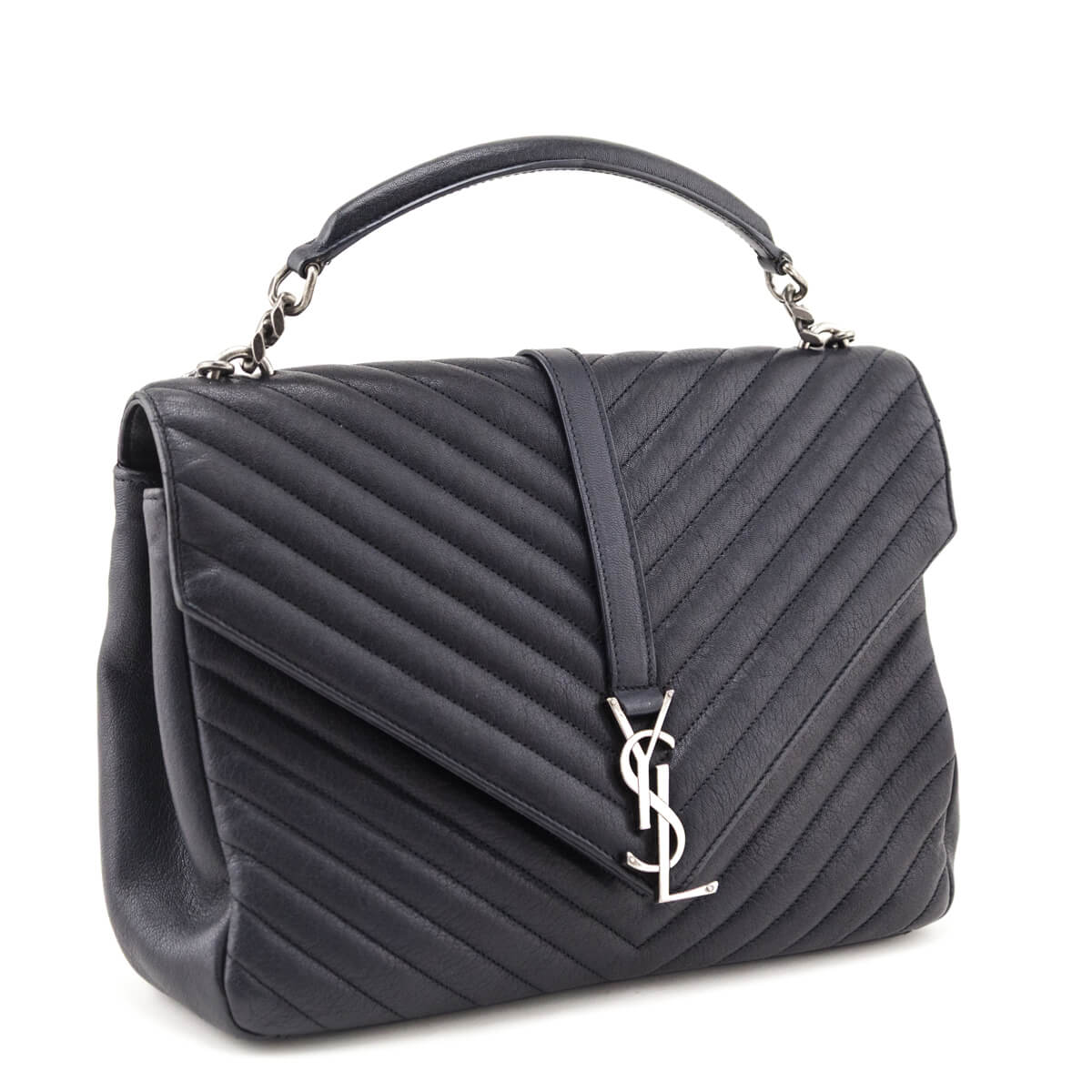 Saint Laurent Navy Chevron Matelasse Sheepskin Large College Bag - Love that Bag etc - Preowned Authentic Designer Handbags & Preloved Fashions