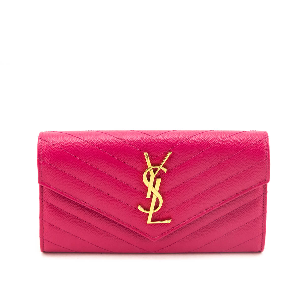 Saint Laurent Pink Grain De Poudre Matelasse Chevron Monogram Flap Wallet