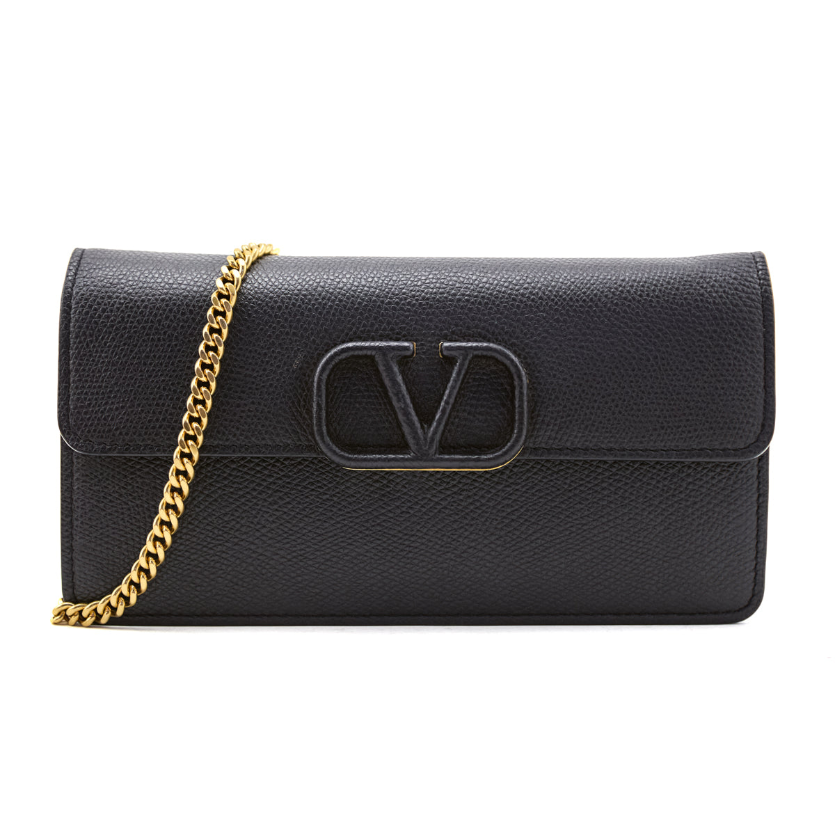 Valentino Black Grainy Calfskin Wallet With Chain