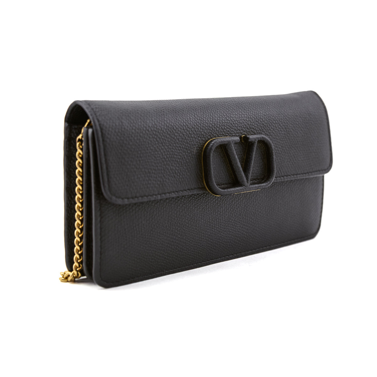 Valentino Black Grainy Calfskin Wallet With Chain