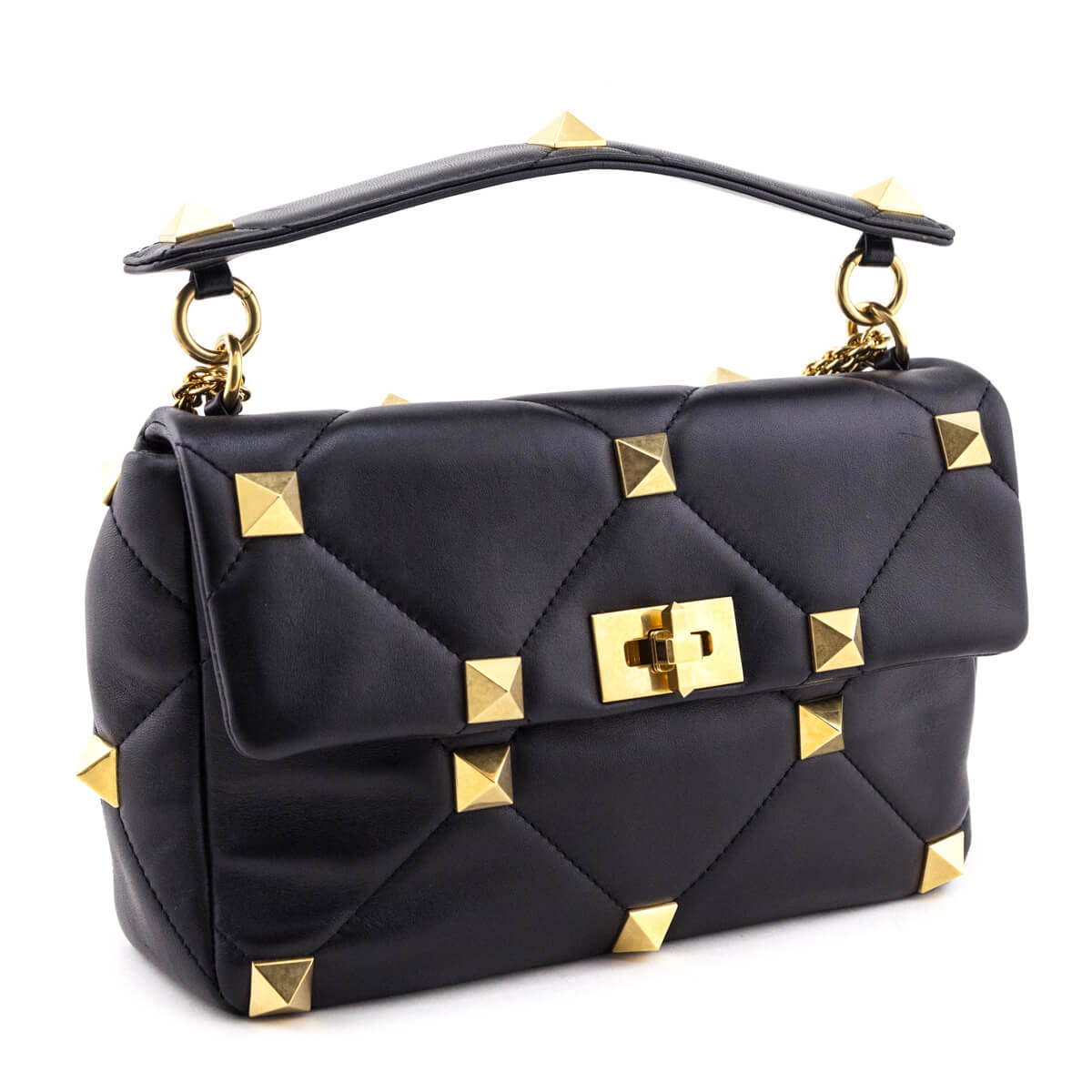 Valentino Black Nappa Large Roman Stud Shoulder Bag - Love that Bag etc - Preowned Authentic Designer Handbags & Preloved Fashions