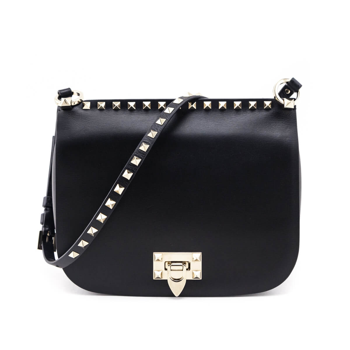 Valentino Black Vitello Rockstud Flap Messenger Bag - Love that Bag etc - Preowned Authentic Designer Handbags & Preloved Fashions