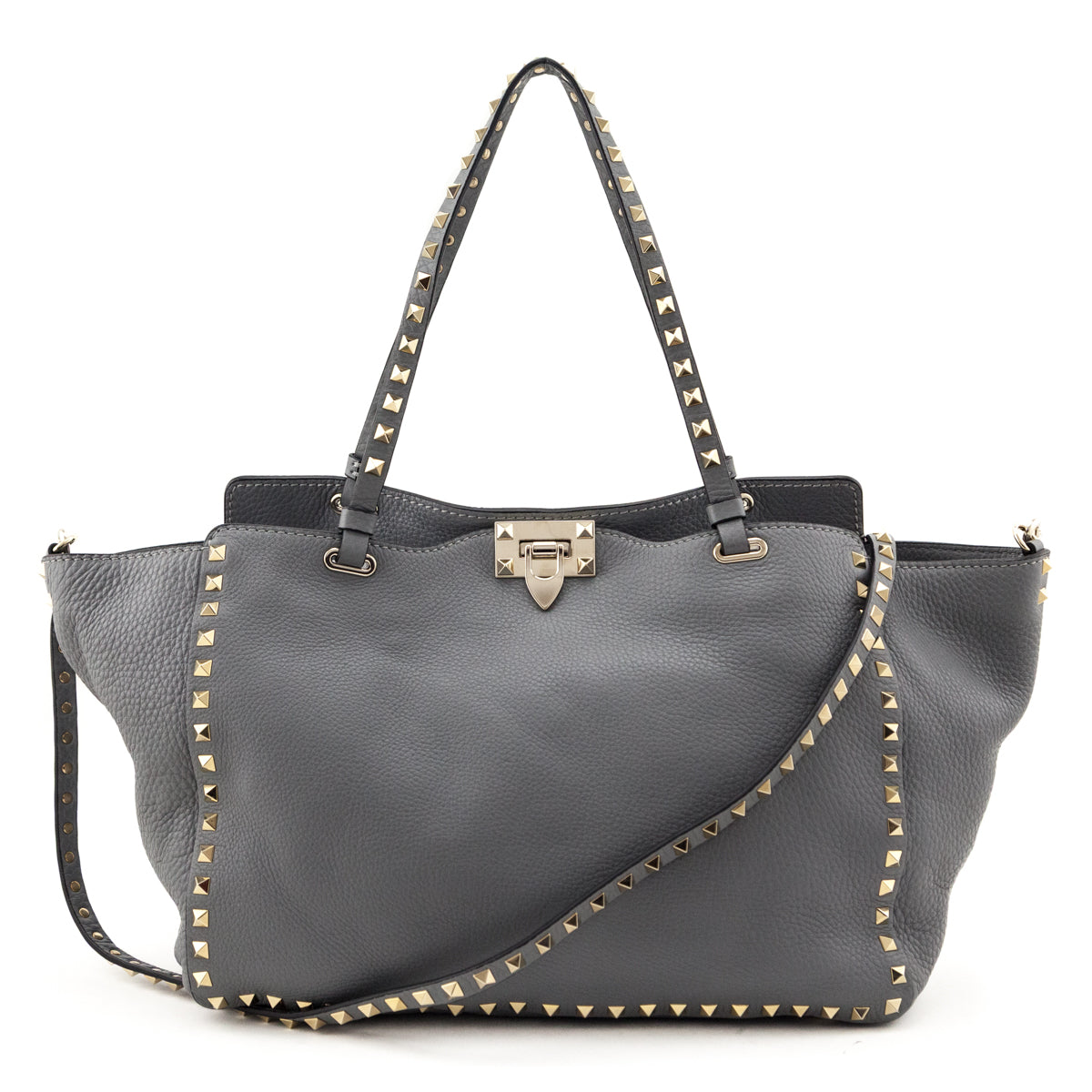 Valentino Gray Pebbled Calfskin Medium Rockstud Tote - Love that Bag etc - Preowned Authentic Designer Handbags & Preloved Fashions