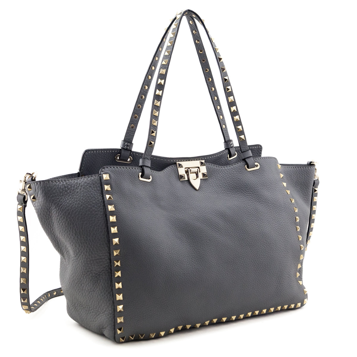 Valentino Gray Pebbled Calfskin Medium Rockstud Tote - Love that Bag etc - Preowned Authentic Designer Handbags & Preloved Fashions