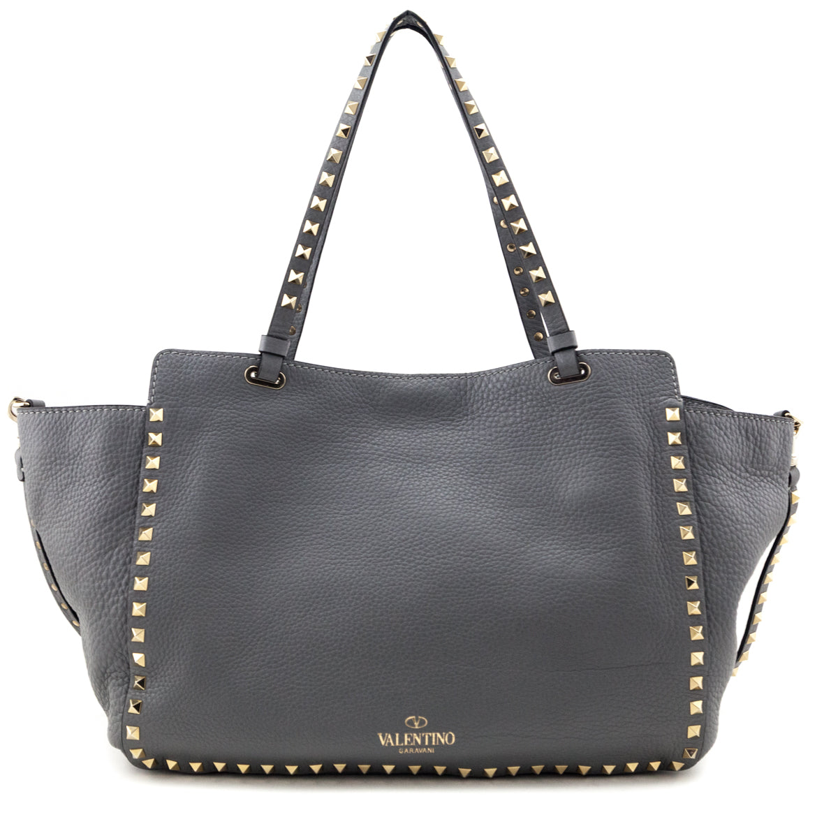Valentino Gray Pebbled Calfskin Medium Rockstud Tote - Love that Bag etc - Preowned Authentic Designer Handbags & Preloved Fashions