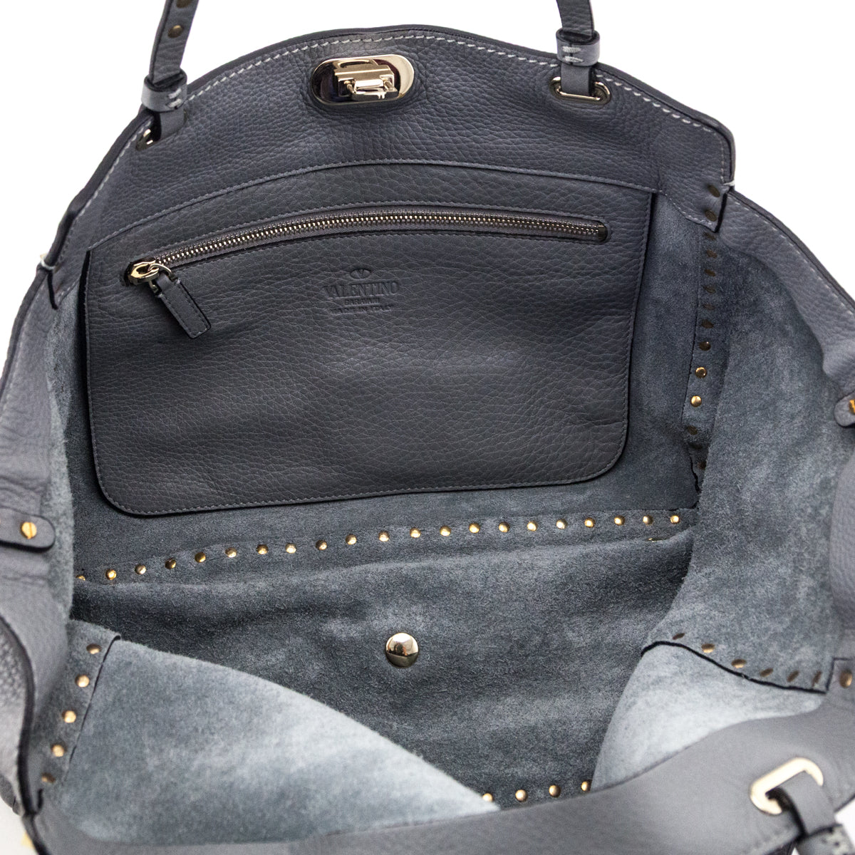 Valentino Gray Pebbled Calfskin Medium Rockstud Tote - Love that Bag etc - Preowned Authentic Designer Handbags & Preloved Fashions