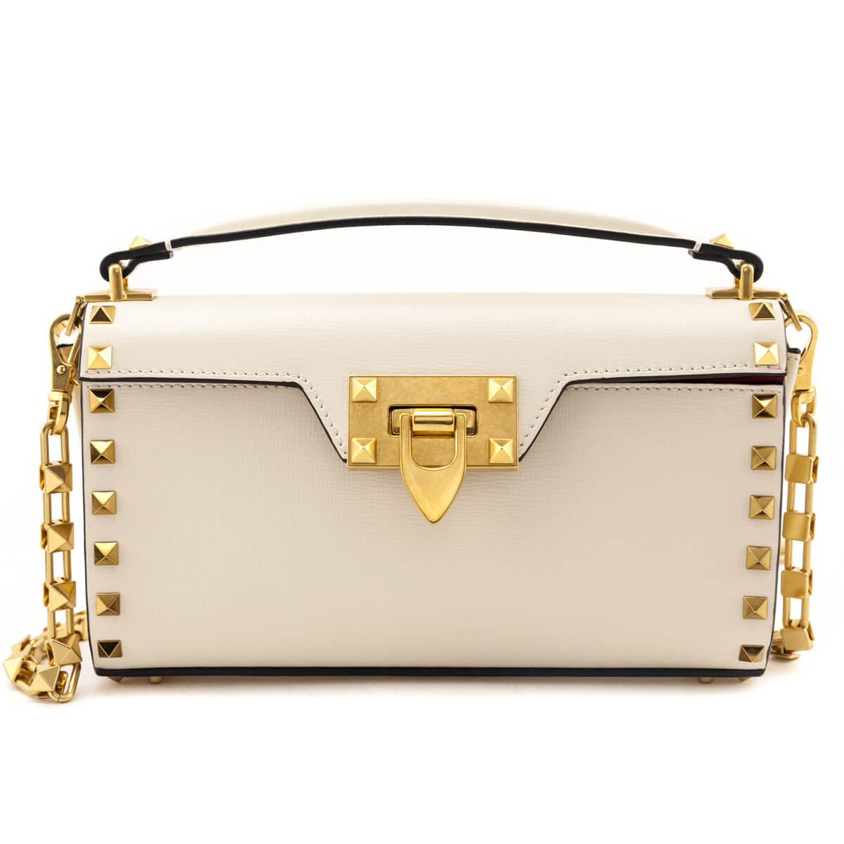 Valentino Ivory Grainy Calfskin Rockstud Alcove Clutch With Chain
