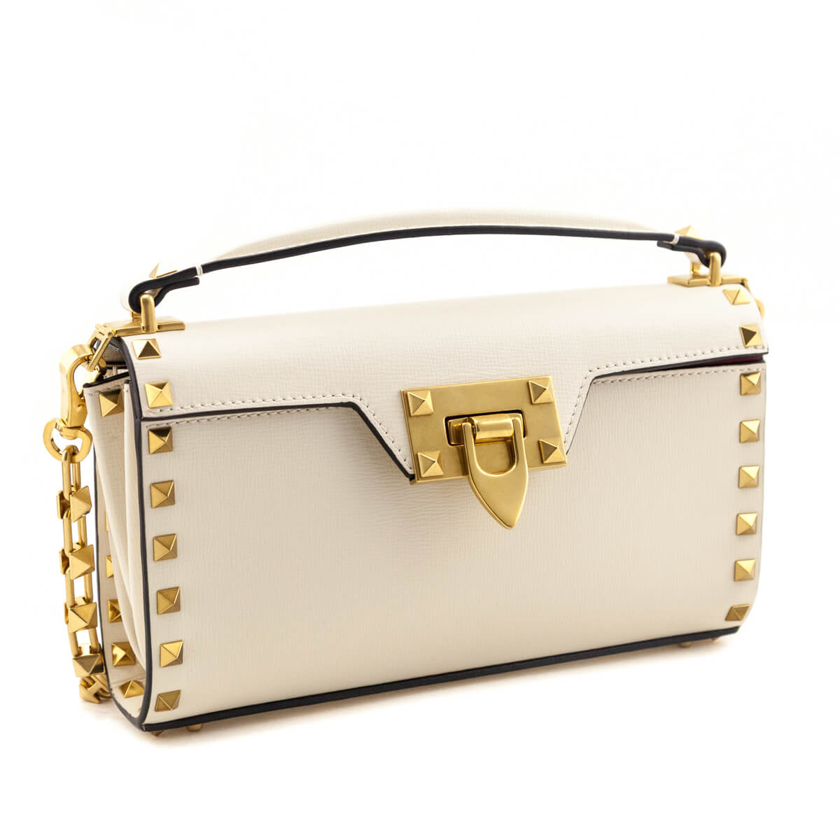 Valentino Ivory Grainy Calfskin Rockstud Alcove Clutch With Chain