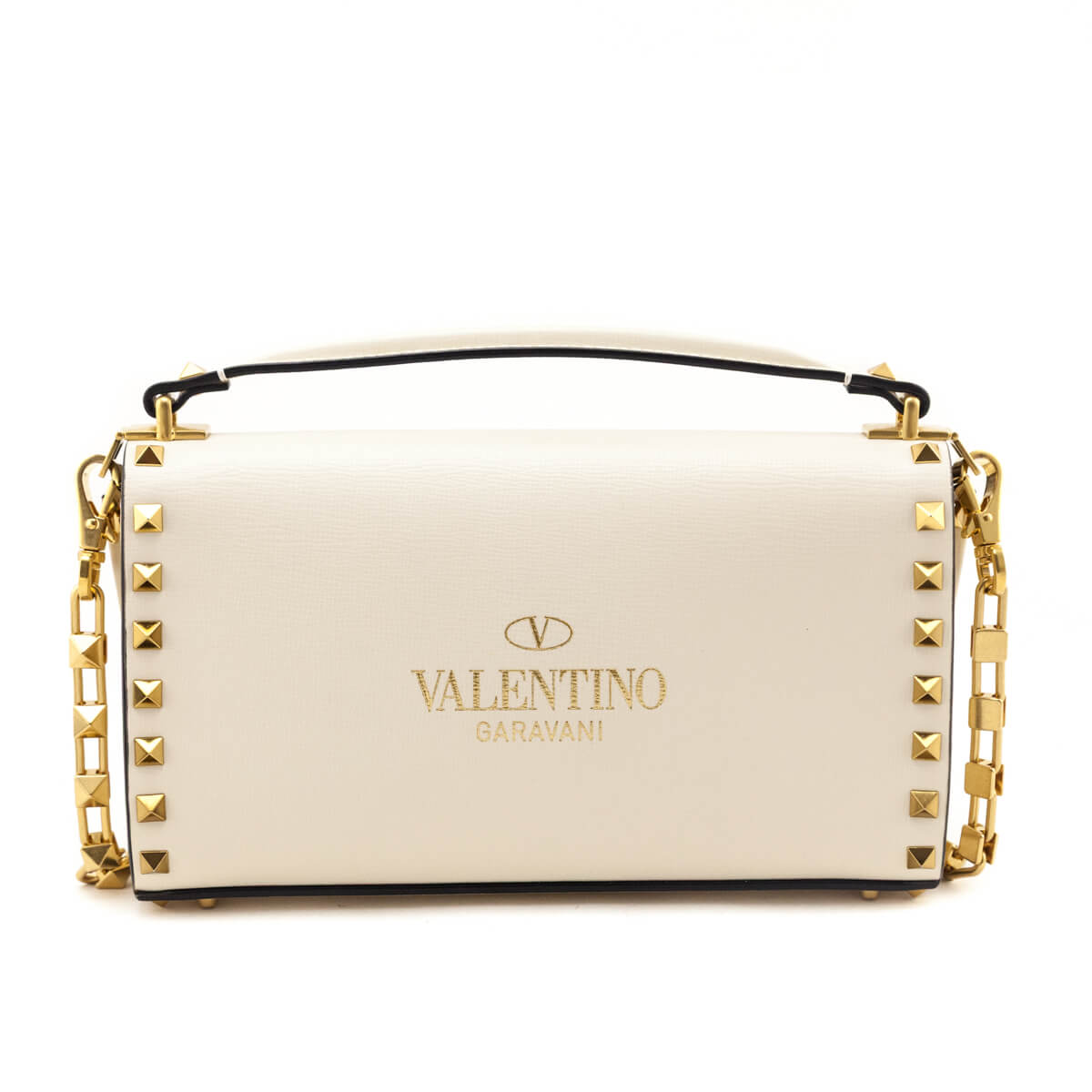Valentino Ivory Grainy Calfskin Rockstud Alcove Clutch With Chain