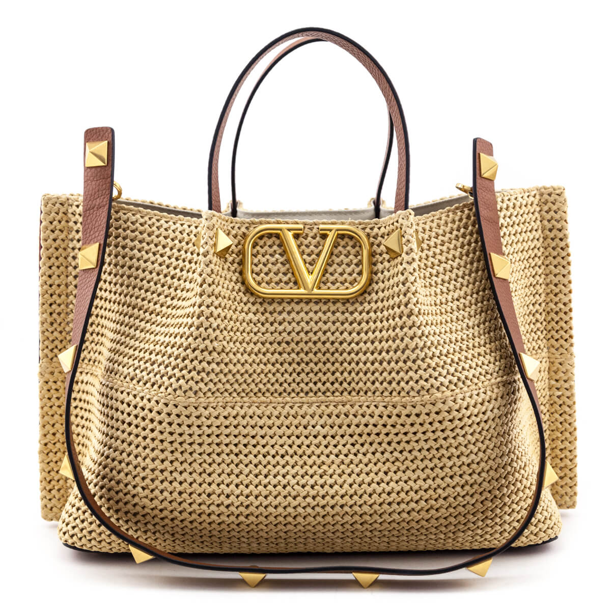 Valentino Natural Straw & Brown Leather Medium VLogo Summer Tote Bag - Love that Bag etc - Preowned Authentic Designer Handbags & Preloved Fashions