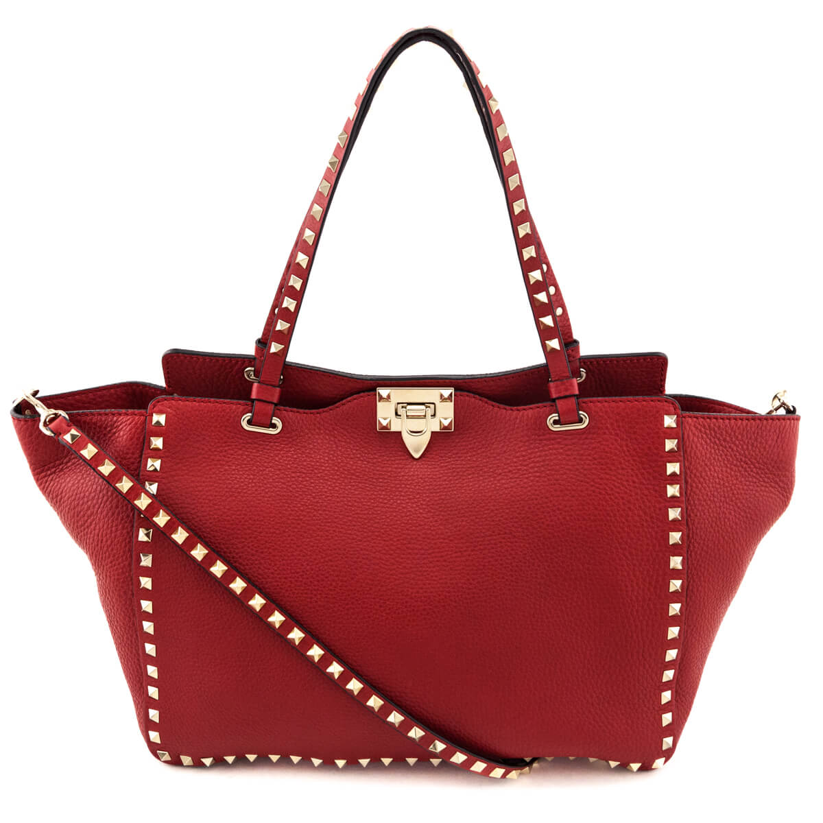 Valentino Red Grained Calfskin Medium Rockstud Tote - Love that Bag etc - Preowned Authentic Designer Handbags & Preloved Fashions