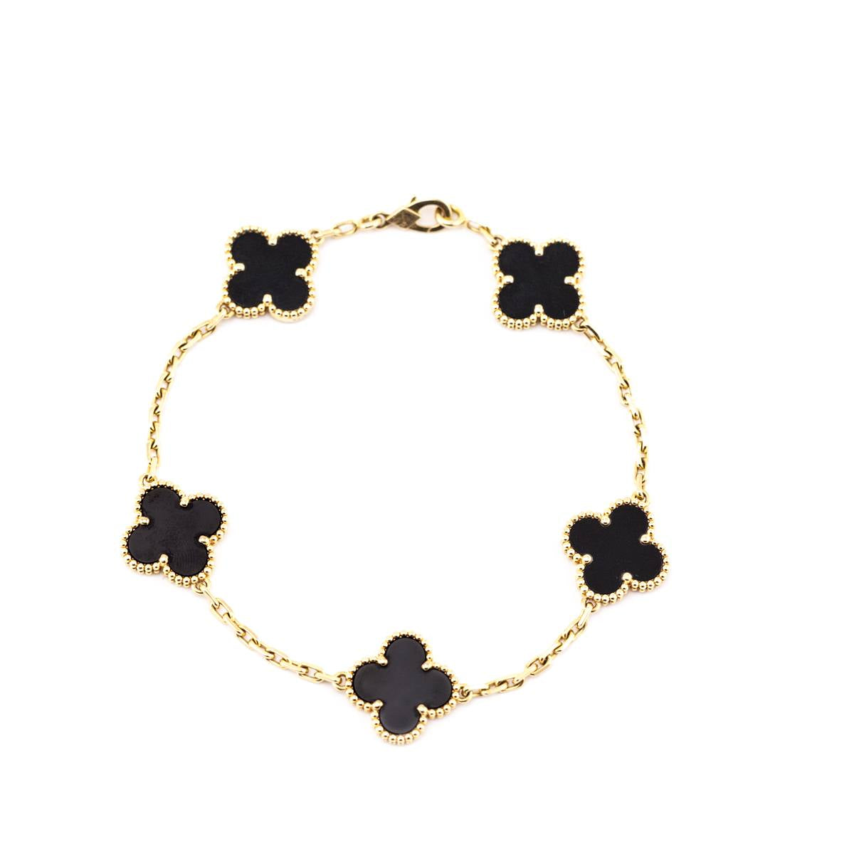 Van Cleef & Arpels 18K Gold & Onyx Vintage Alhambra 5 Motifs Bracelet - Love that Bag etc - Preowned Authentic Designer Handbags & Preloved Fashions