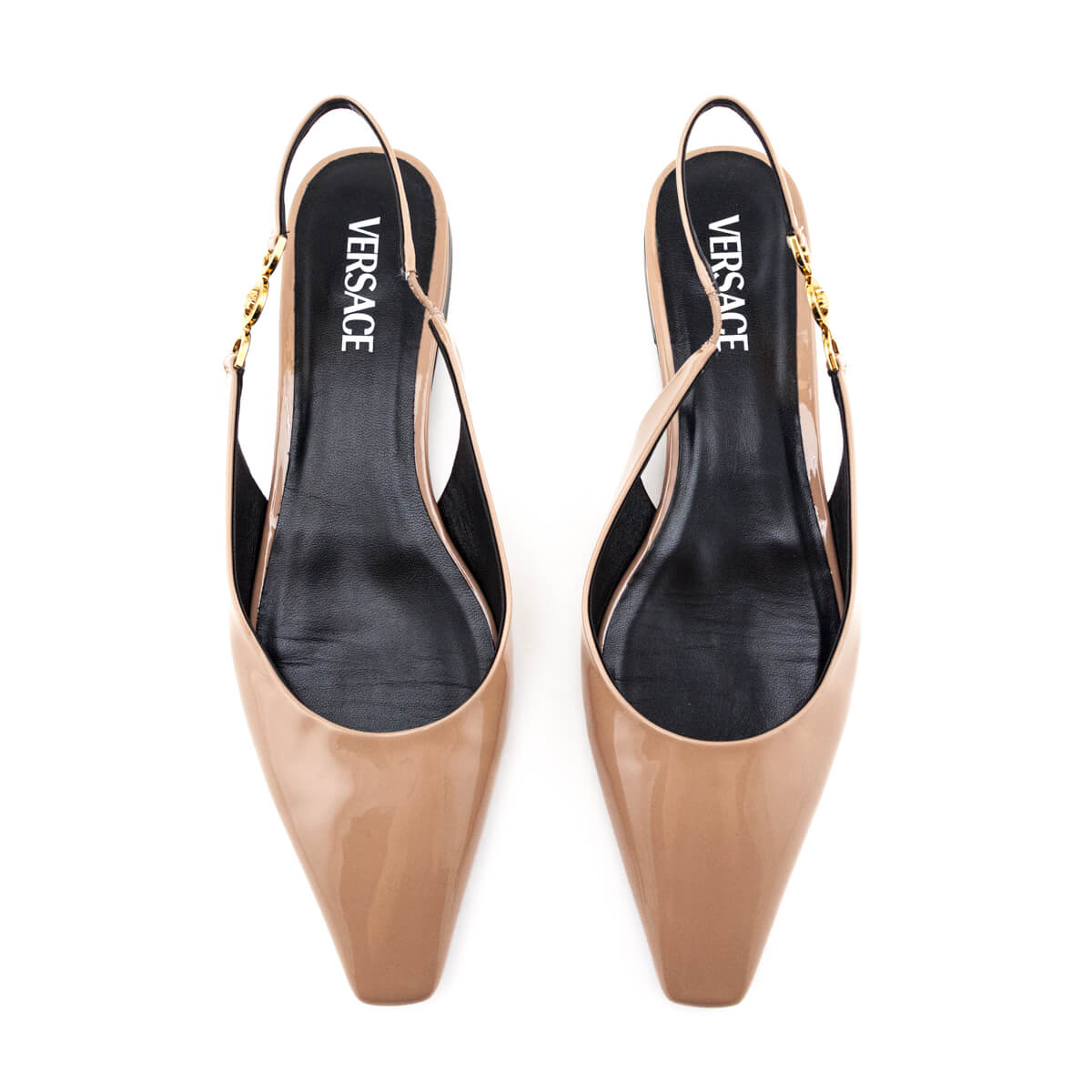 Versace Beige Patent Medusa-Plaque Slingback Ballet Flats – Love