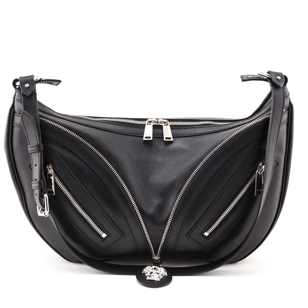 Versace Black Calfskin Repeat Zip Hobo Bag - Love that Bag etc - Preowned Authentic Designer Handbags & Preloved Fashions