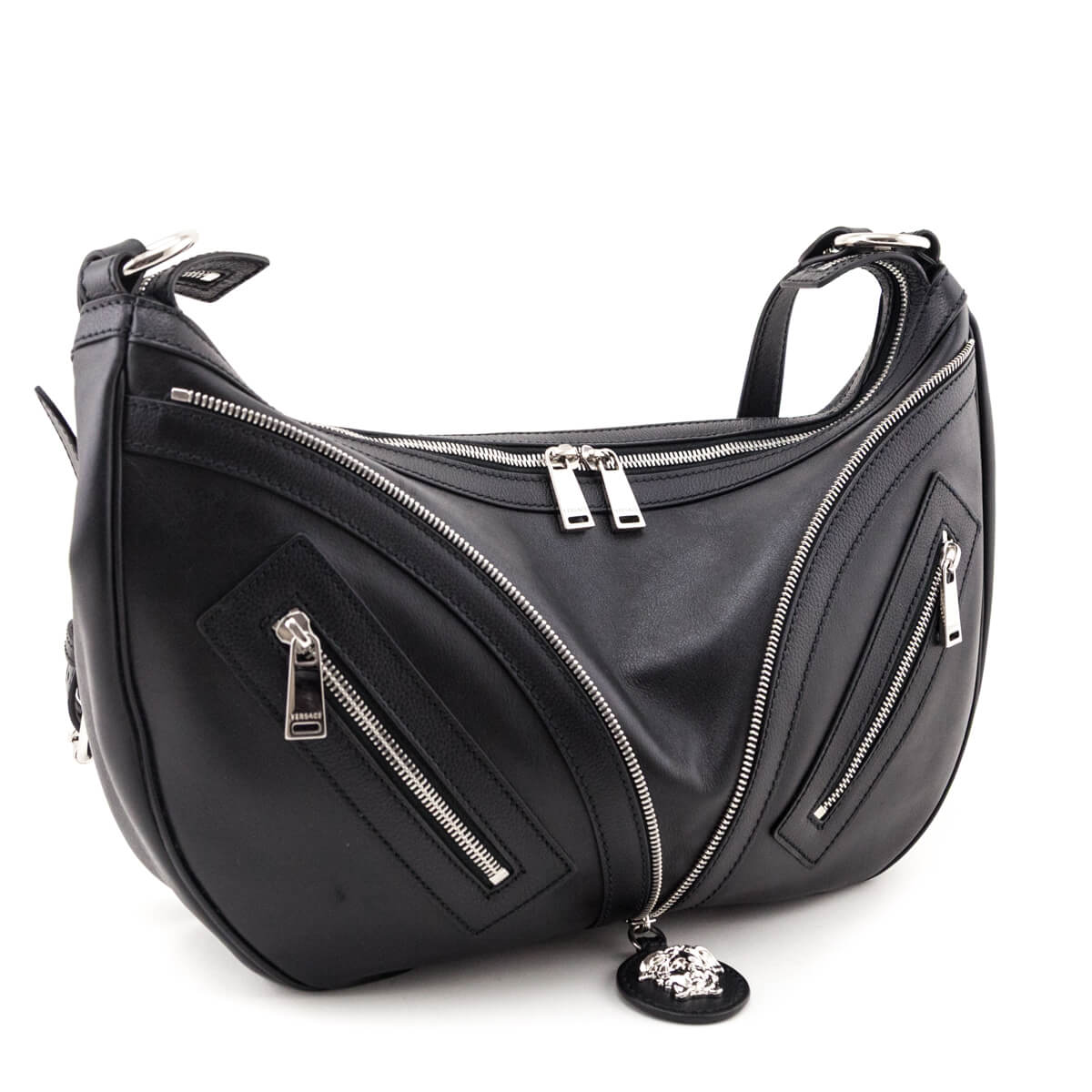 Versace Black Calfskin Repeat Zip Hobo Bag - Love that Bag etc - Preowned Authentic Designer Handbags & Preloved Fashions