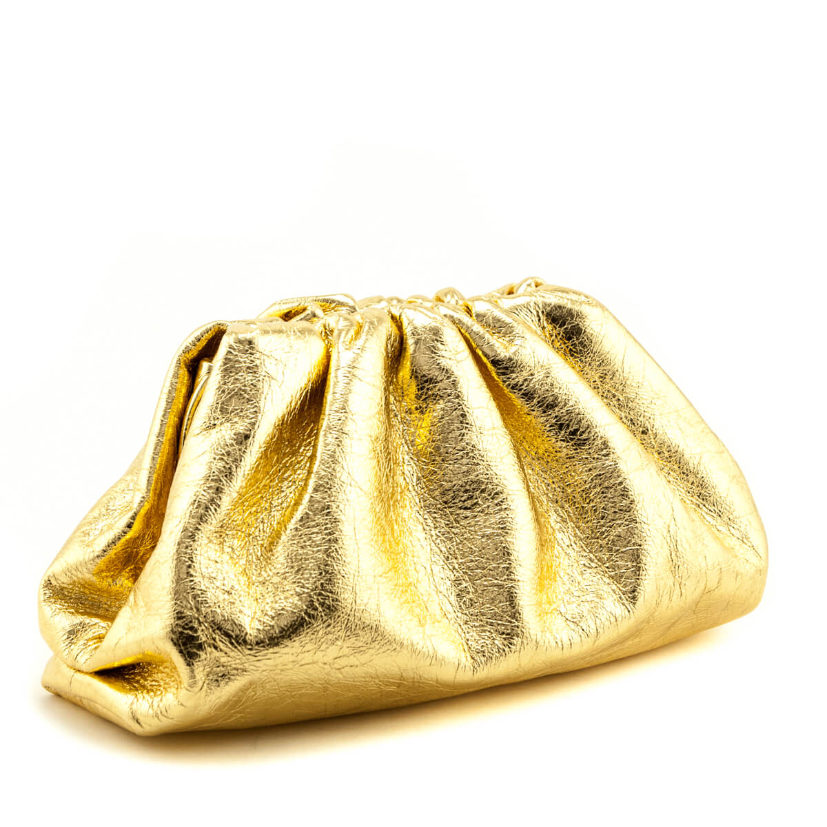 Bottega Veneta Oro Crinkled Metallic Lambskin The Pouch Clutch - Love that Bag etc - Preowned Authentic Designer Handbags & Preloved Fashions