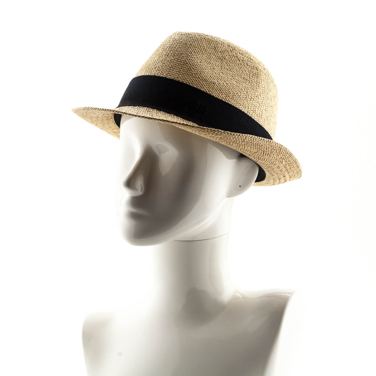 CHANEL Beige Straw Black Bow CC Logo Wide Brim Fedora Hat Unisex M