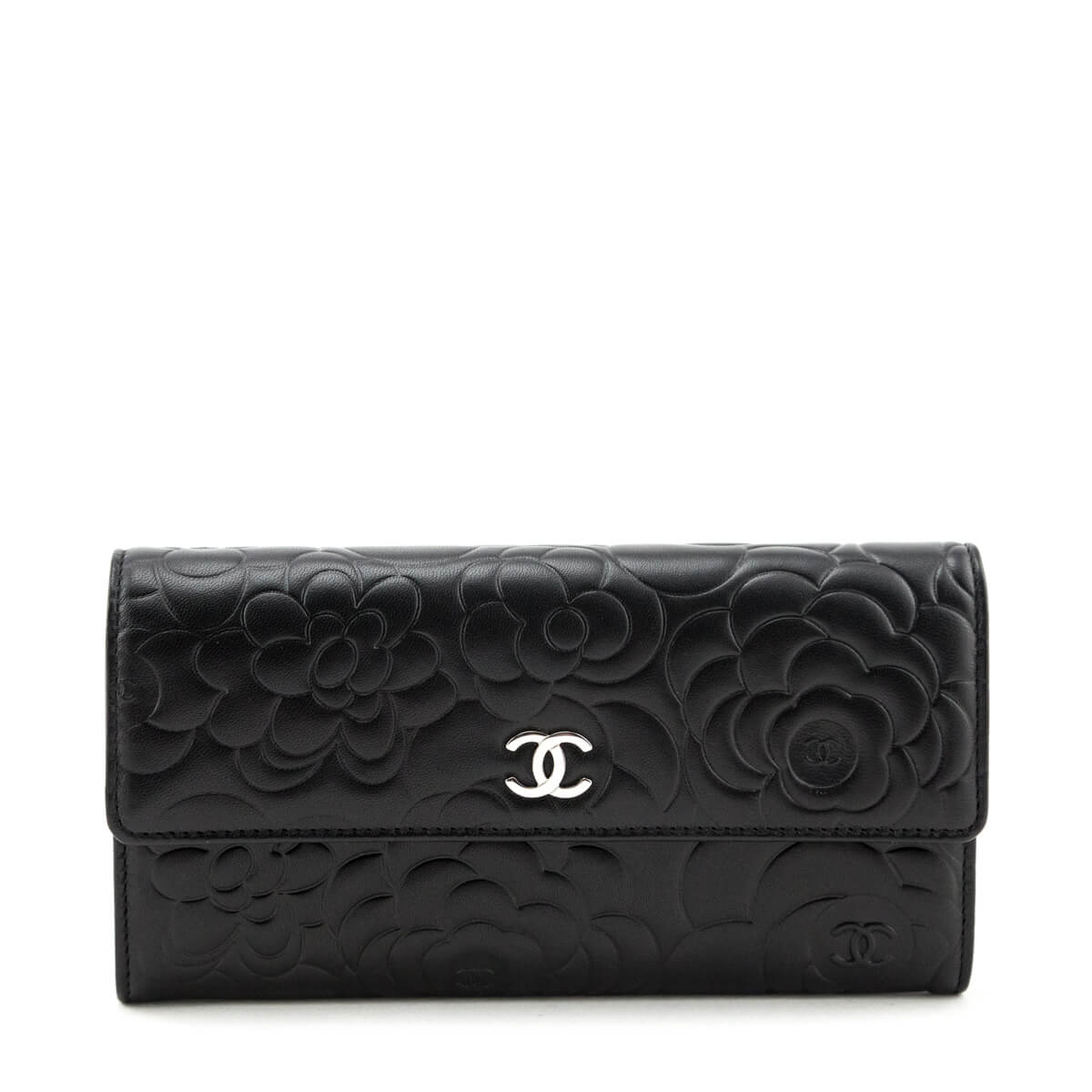 Chanel Black Camellia Embossed Long Flap Wallet - Love that Bag etc - Preowned Authentic Designer Handbags & Preloved Fashions
