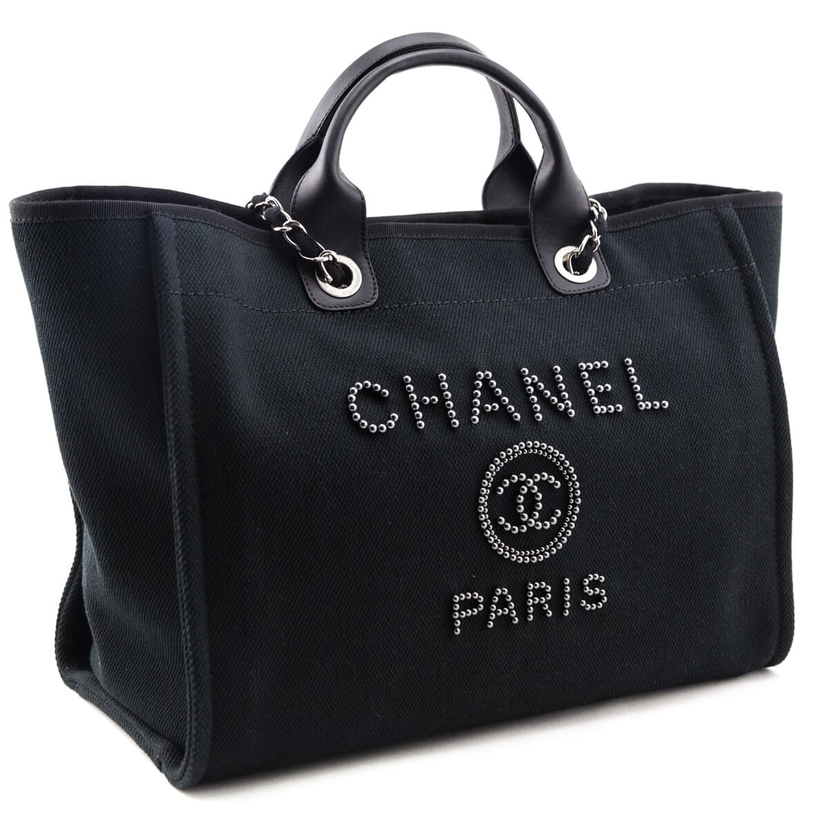 Pædagogik Port Ødelæggelse Chanel Black Canvas Mixed Fibers Pearl Large Deauville Tote