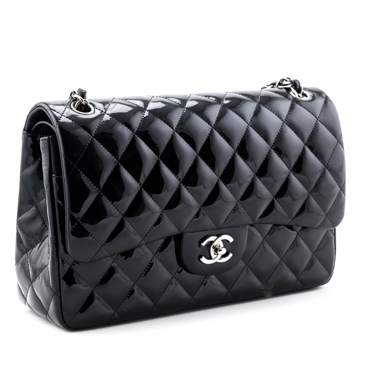 Chanel Black Quilted Patent Leather Jumbo Large Classic Double